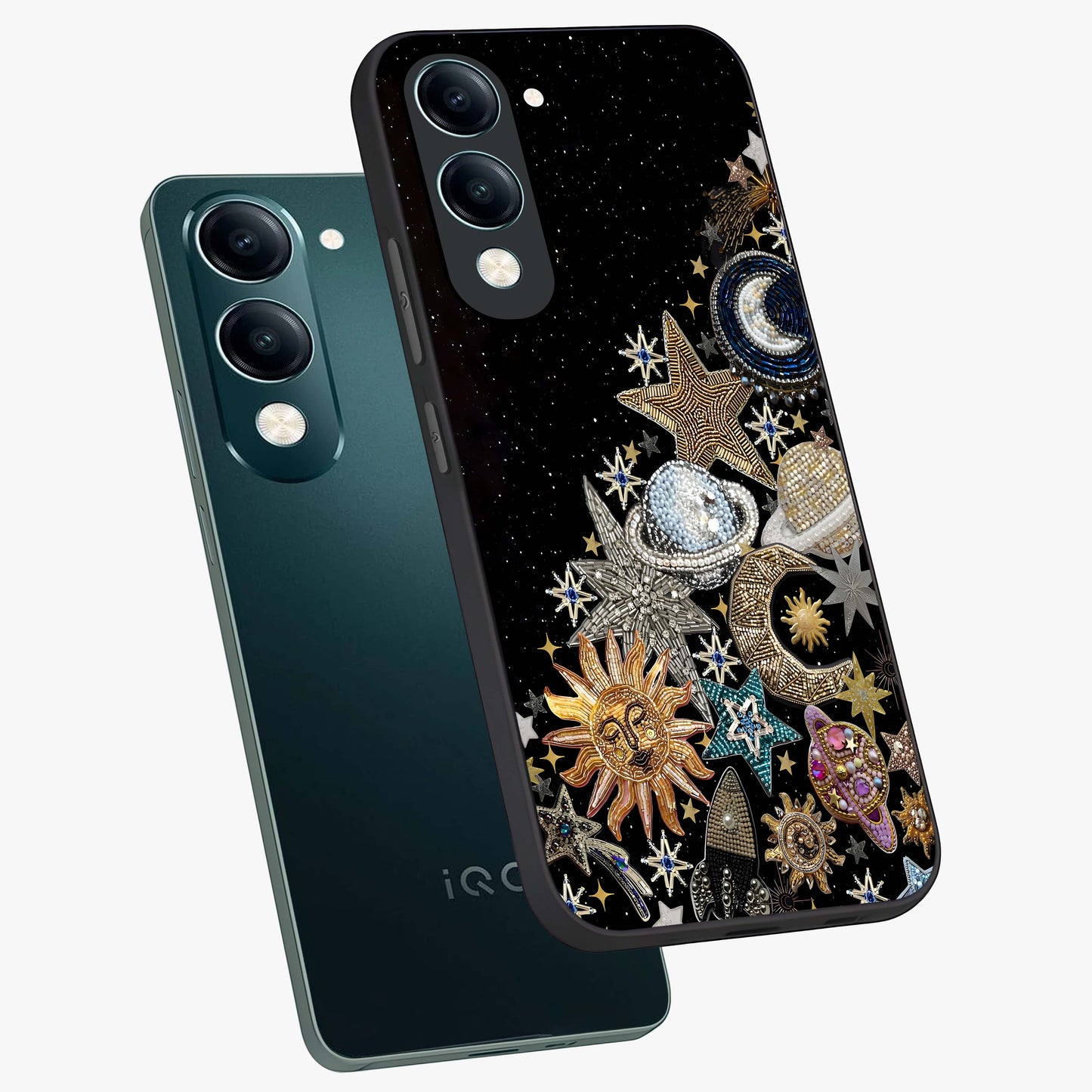 Cosmic Sparkle Dreams Glass Case displayed in angled mockup highlighting dreamy star sparkle design with celestial aesthetic.