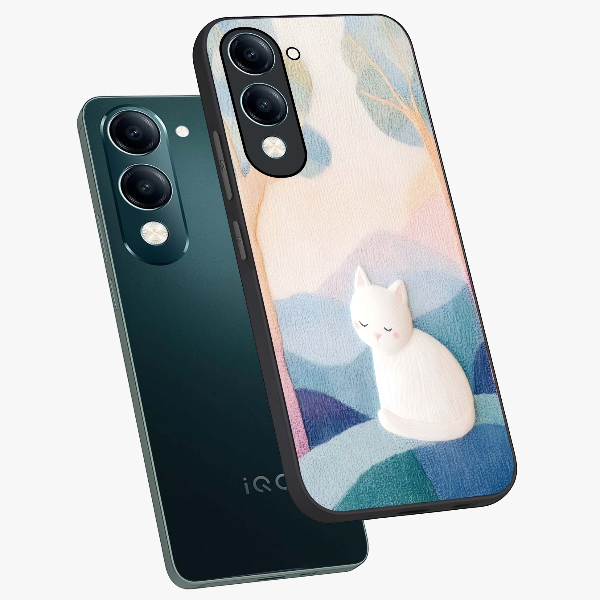 Cotton Dream Cat Glass Case displayed in angled mockup highlighting cute feline illustration with pastel aesthetic style.