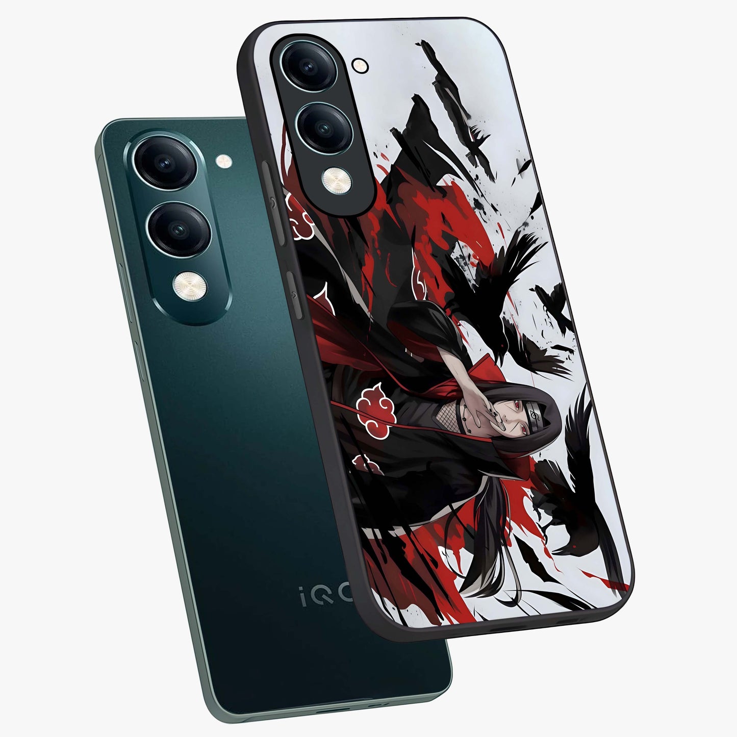Crimson Crow Illusion Glass Case displayed in angled mockup highlighting mysterious crow graphic with dark aesthetic style.