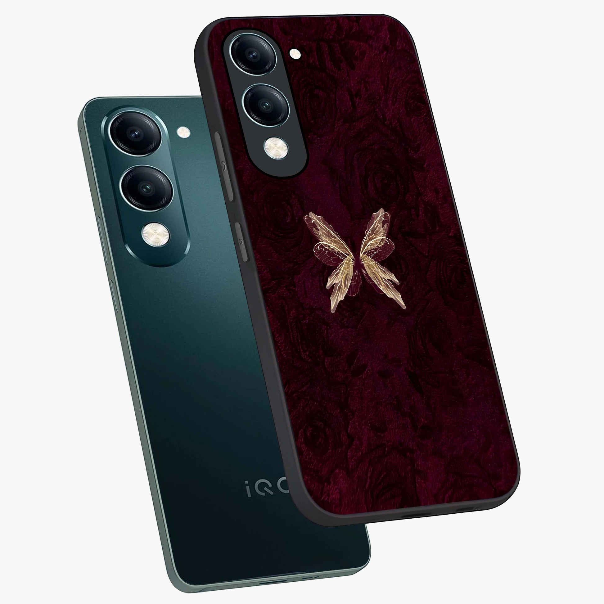 Crimson Fade Butterfly Glass Case displayed in angled mockup highlighting elegant butterfly design with crimson gradient aesthetic.