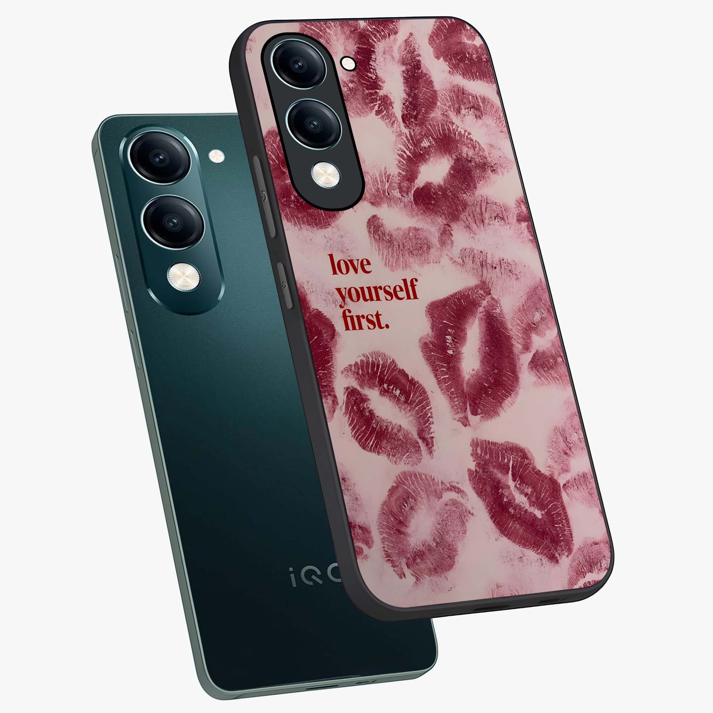 Crimson Kiss Love Glass Case displayed in angled mockup highlighting bold love inspired design with modern aesthetic style.