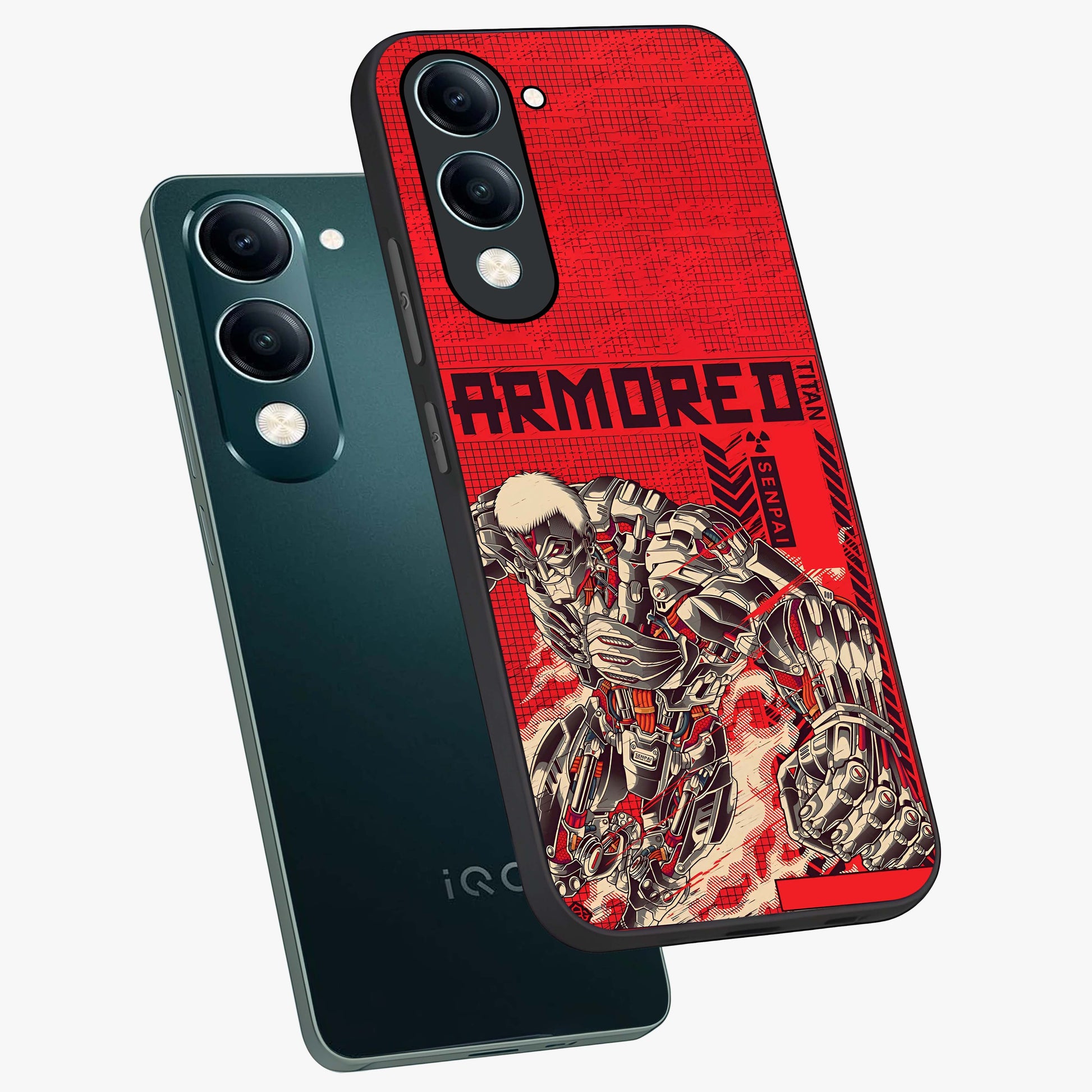 Crimson Mecha Titan Glass Case displayed in angled mockup highlighting futuristic mech illustration with bold crimson aesthetic.
