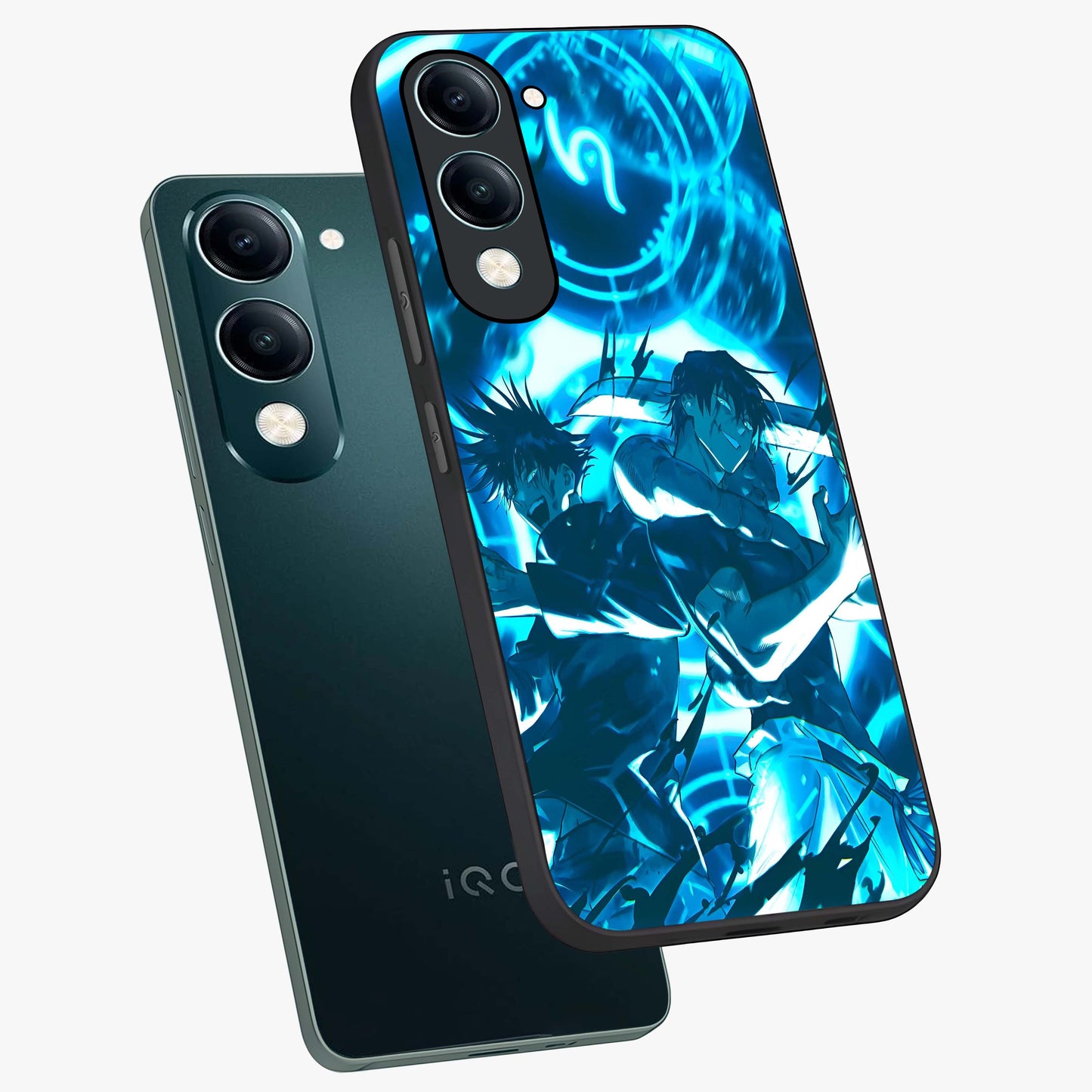 Cursed Energy Clash Glass Case displayed in angled mockup highlighting powerful battle inspired graphic with anime style aesthetic.