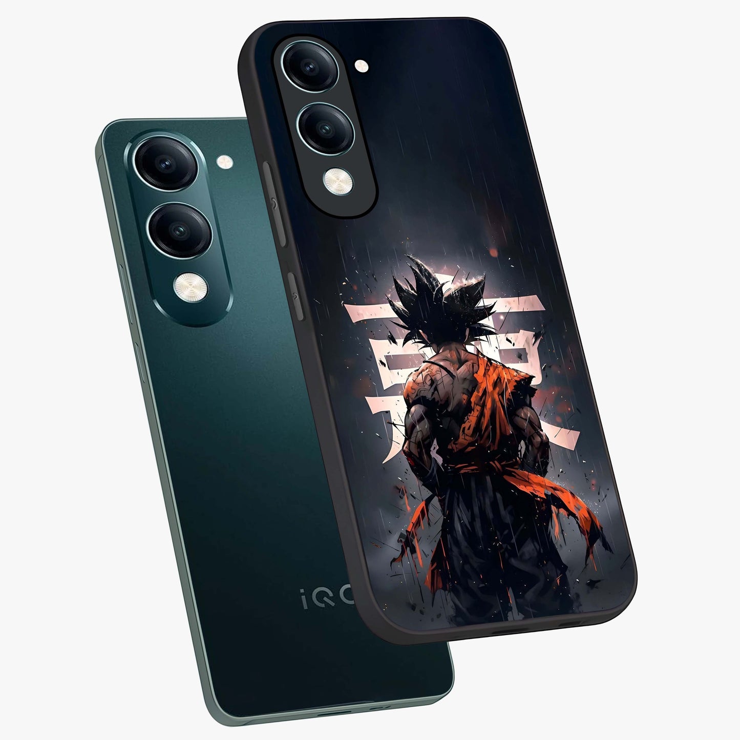 Dark Warrior In Rain Glass Case displayed in angled mockup highlighting dramatic warrior illustration with dark rain aesthetic.