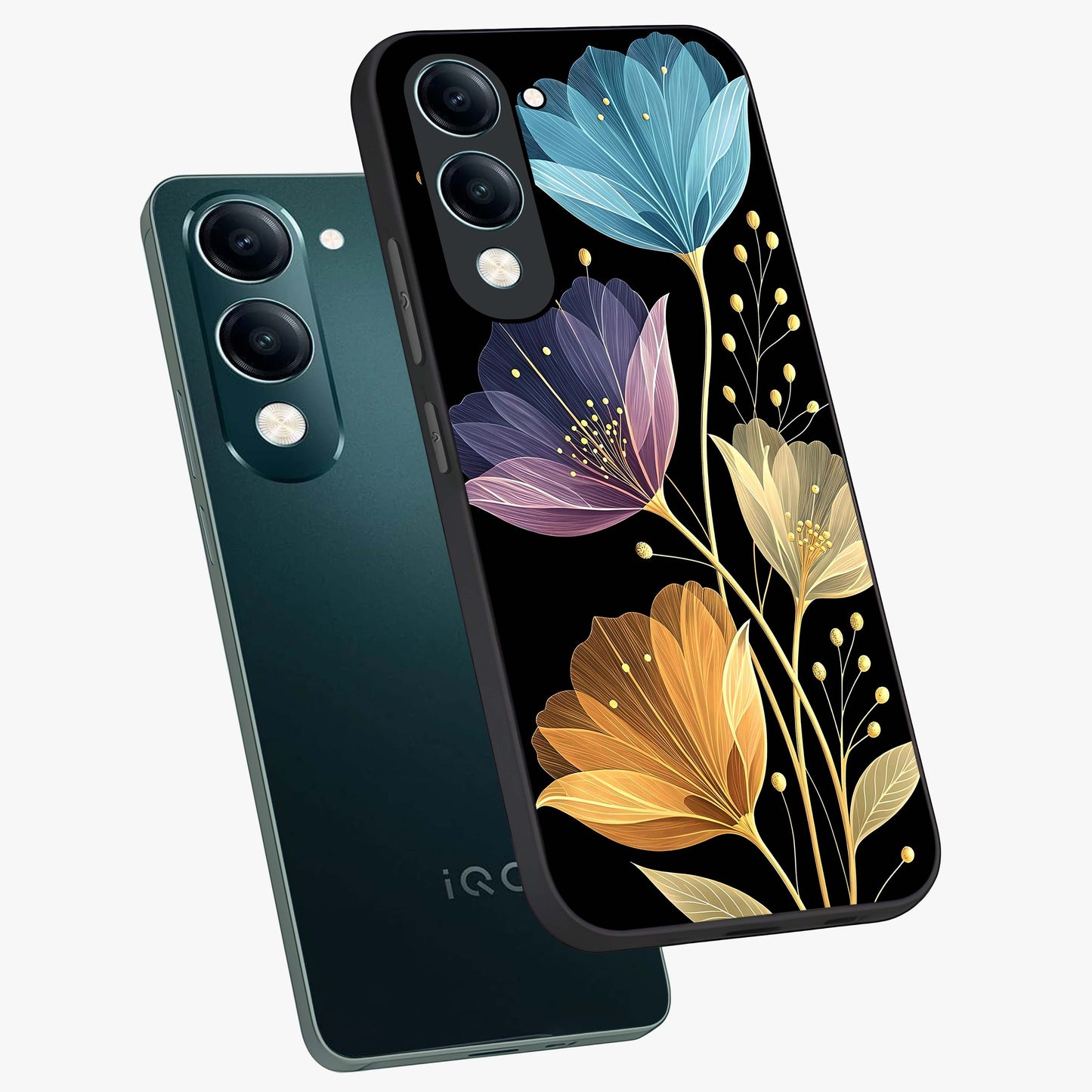 Delicate Multicolor Flowers Glass Case displayed in angled mockup highlighting colorful flower pattern with soft aesthetic style.