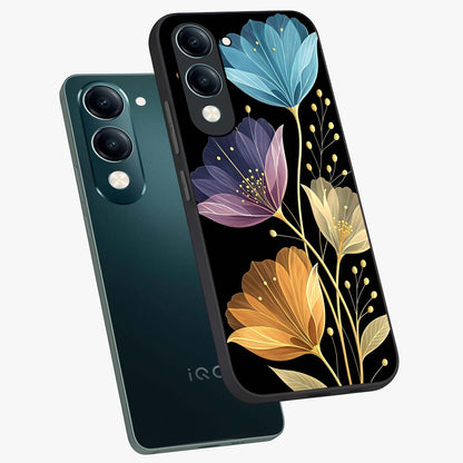 Delicate Multicolor Flowers Glass Case displayed in angled mockup highlighting colorful flower pattern with soft aesthetic style.
