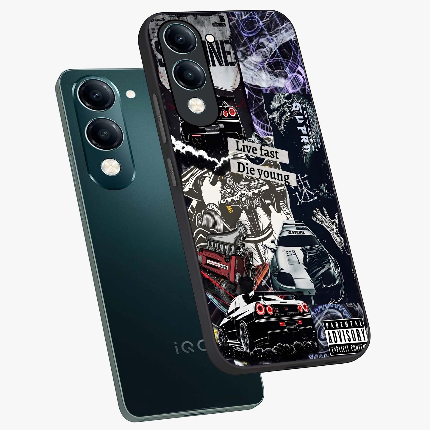 Die Young Glass Case displayed in angled mockup highlighting expressive graphic artwork with edgy aesthetic style.