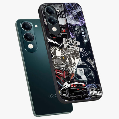 Die Young Glass Case displayed in angled mockup highlighting expressive graphic artwork with edgy aesthetic style.