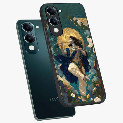 Divine Krishna Art Glass Case displayed in angled mockup highlighting spiritual Krishna illustration with devotional aesthetic.