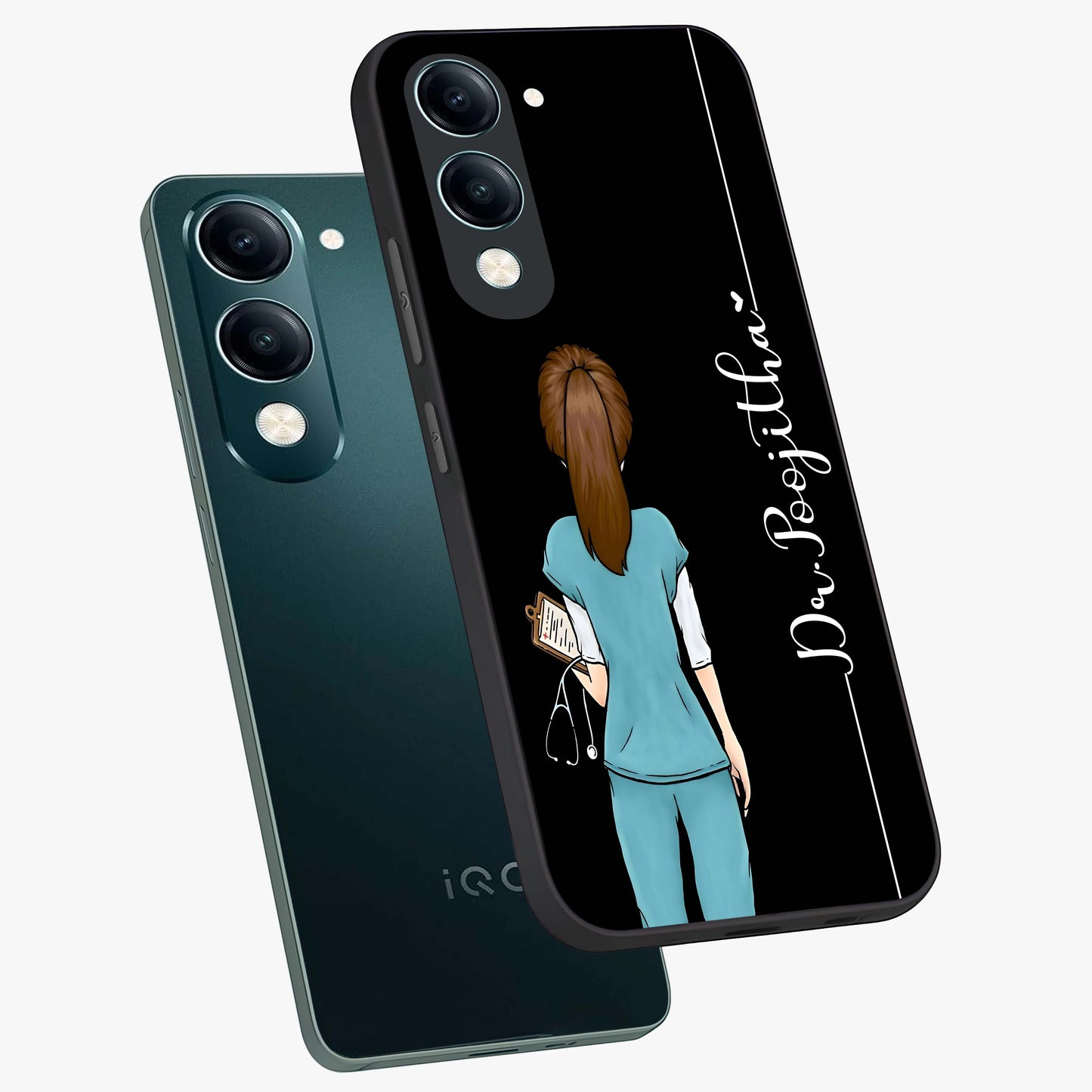 Doctor Pattern Custom Name Glass Case displayed in angled mockup highlighting doctor inspired artwork with custom name feature.