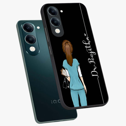 Doctor Pattern Custom Name Glass Case displayed in angled mockup highlighting doctor inspired artwork with custom name feature.