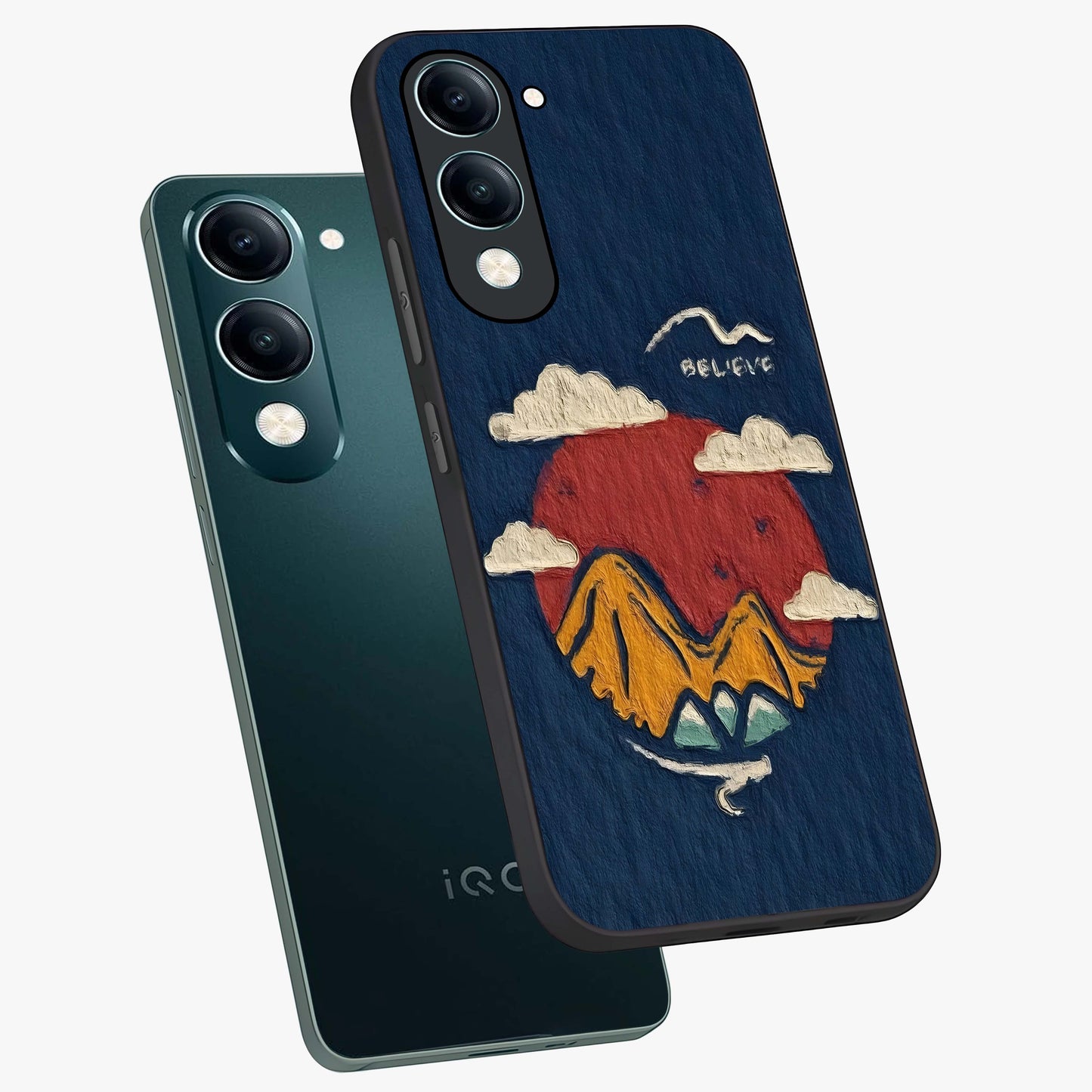 Dream Beyond Mountains Glass Case displayed in angled mockup highlighting dreamy mountain illustration with peaceful aesthetic.