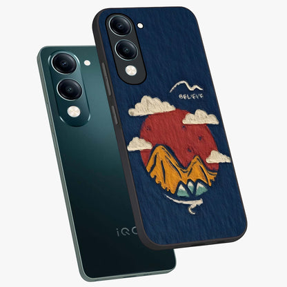 Dream Beyond Mountains Glass Case displayed in angled mockup highlighting dreamy mountain illustration with peaceful aesthetic.