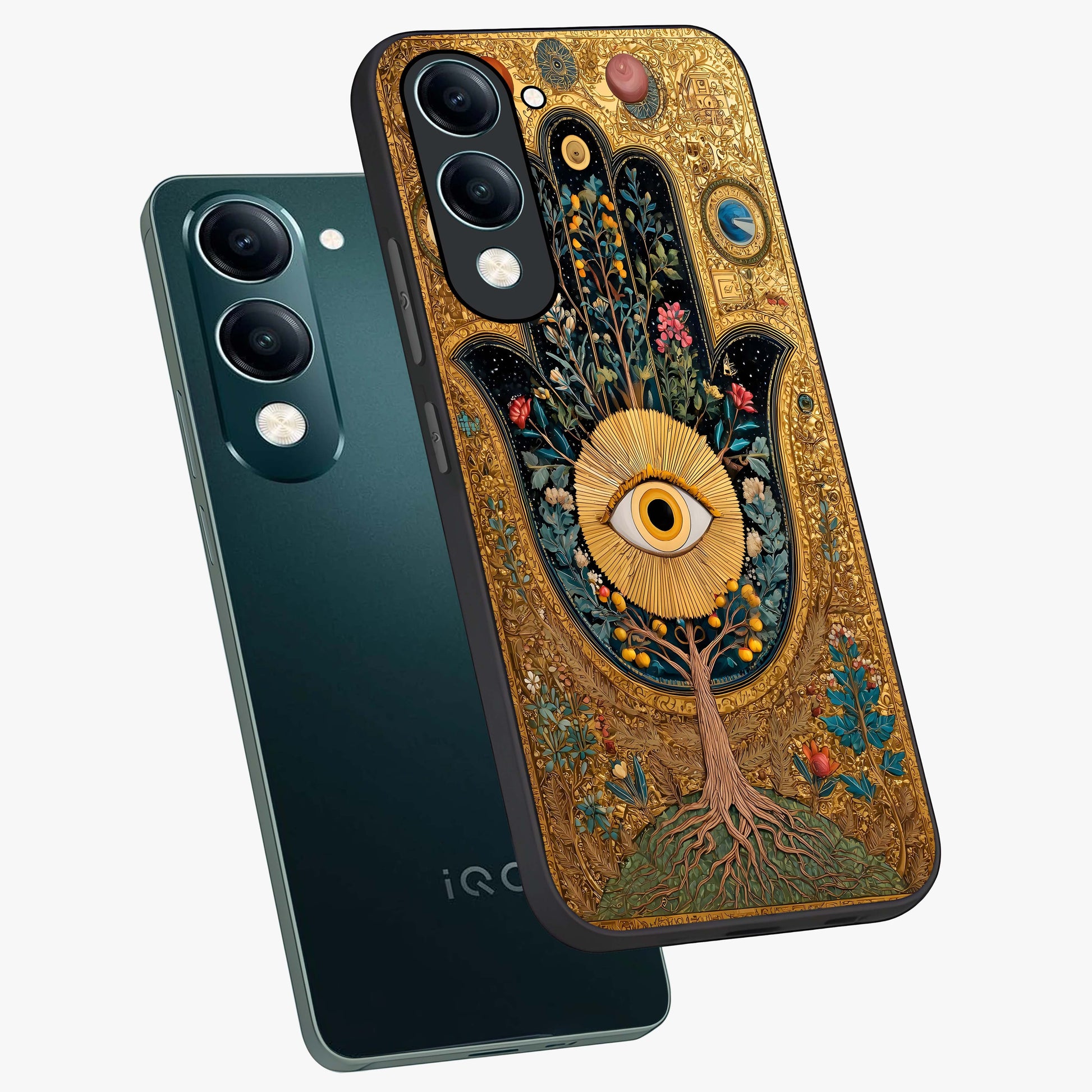 Ethereal Evil Eye Glass Case displayed in angled mockup highlighting protective evil eye symbol with spiritual aesthetic design.