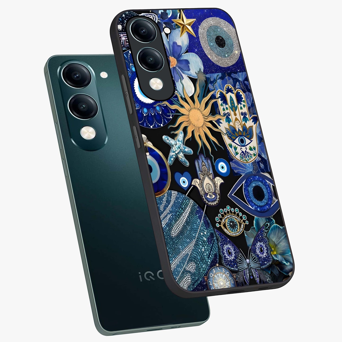 Evil Eye Charm Mix Glass Case displayed in angled mockup highlighting protective evil eye symbols with spiritual aesthetic design.