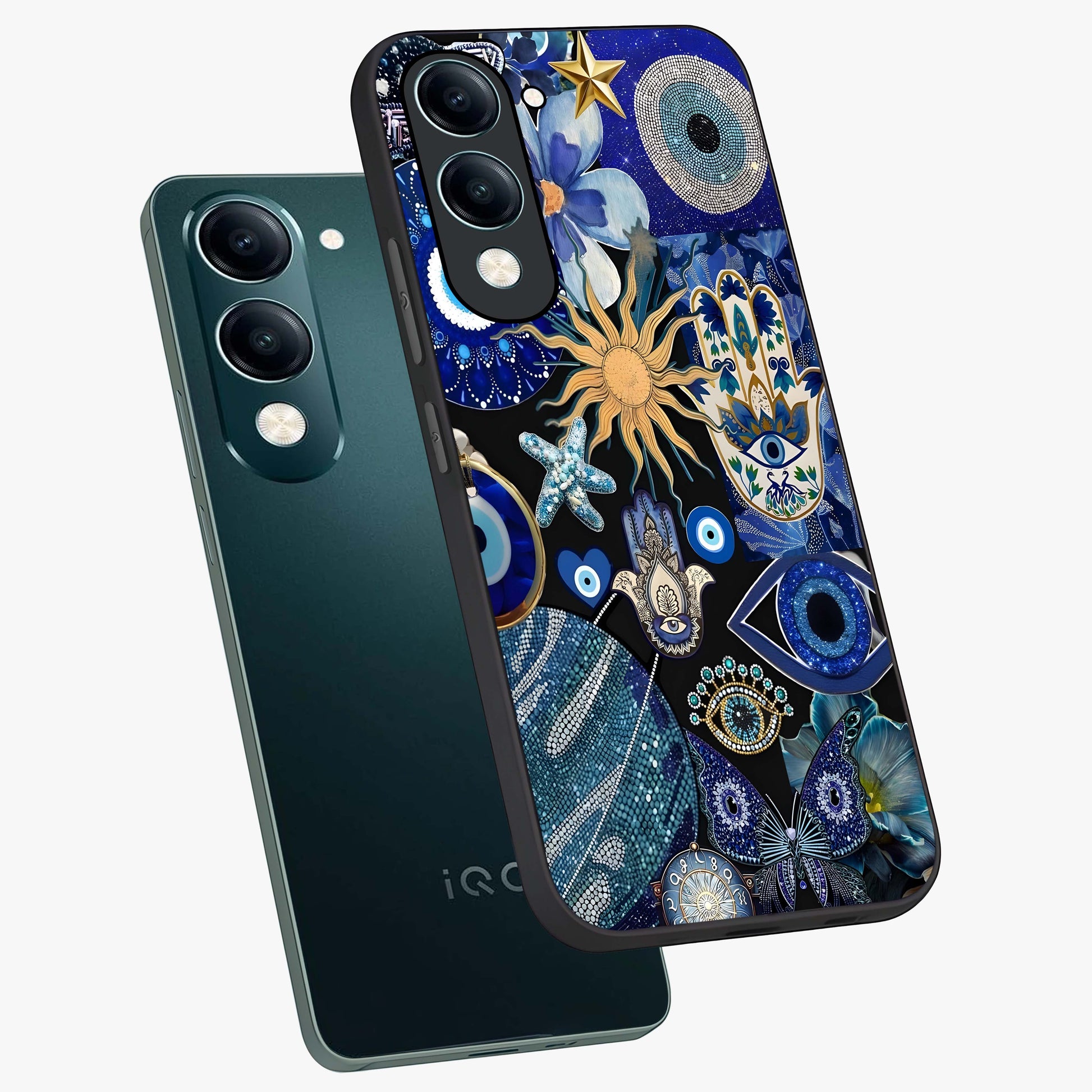 Evil Eye Charm Mix Glass Case displayed in angled mockup highlighting protective evil eye symbols with spiritual aesthetic design.