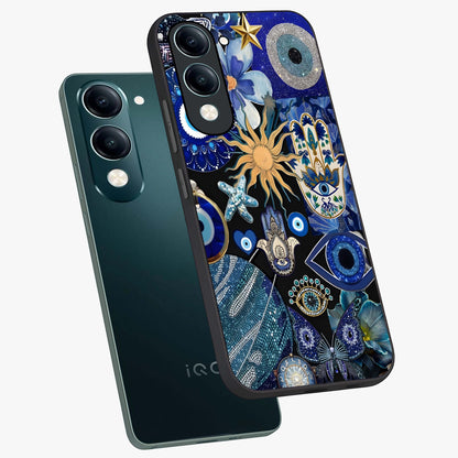 Evil Eye Charm Mix Glass Case displayed in angled mockup highlighting protective evil eye symbols with spiritual aesthetic design.
