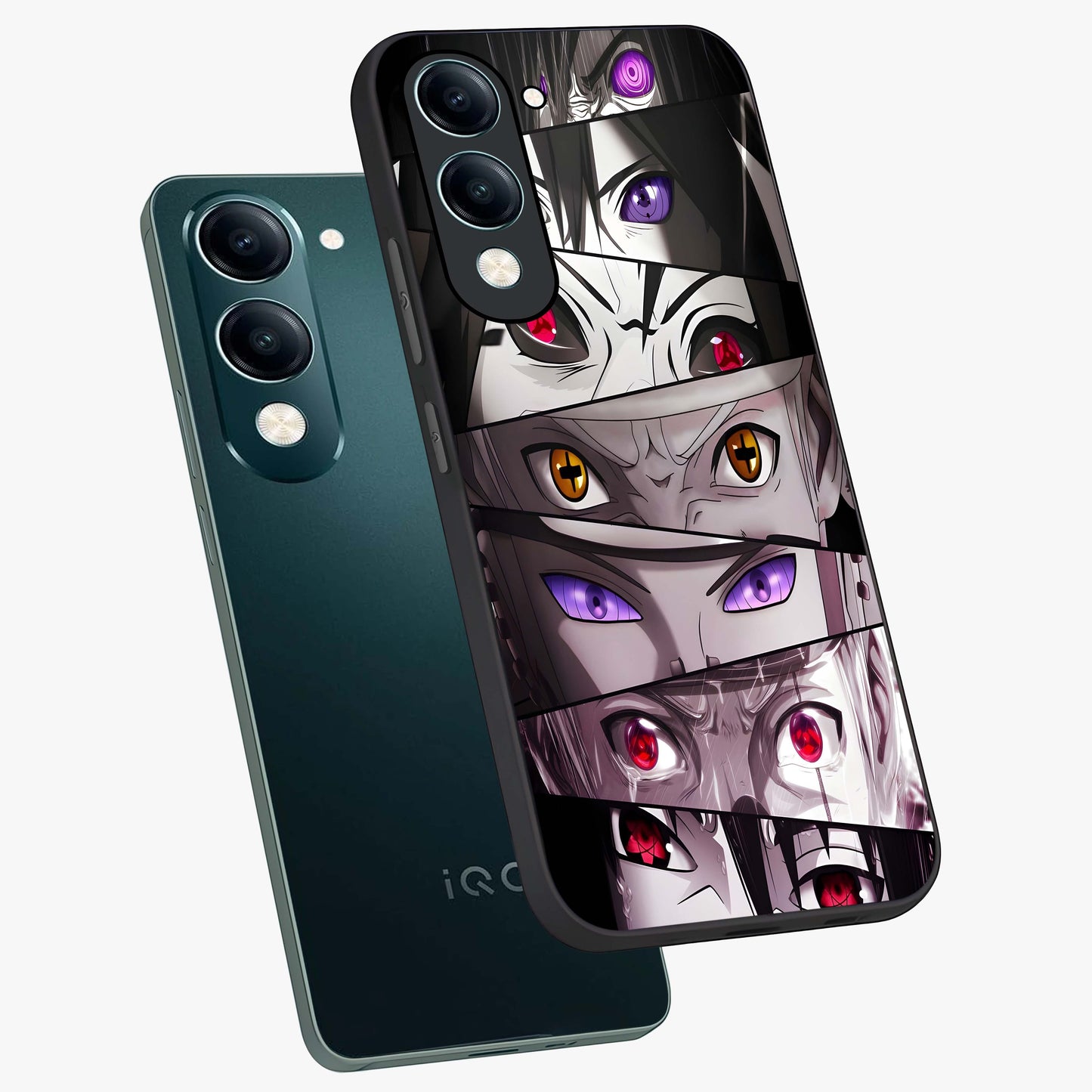 Eyes of Destiny Glass Case displayed in angled mockup highlighting bold eye illustration with mystical aesthetic style.