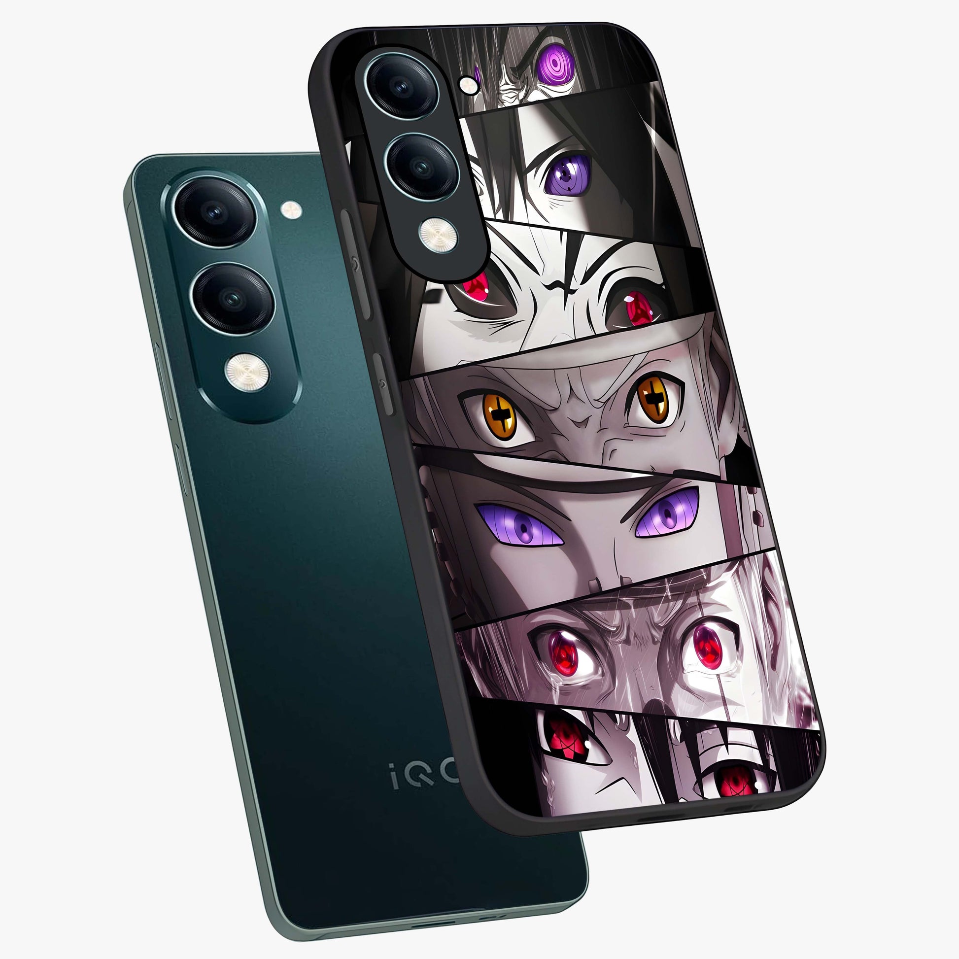 Eyes of Destiny Glass Case displayed in angled mockup highlighting bold eye illustration with mystical aesthetic style.