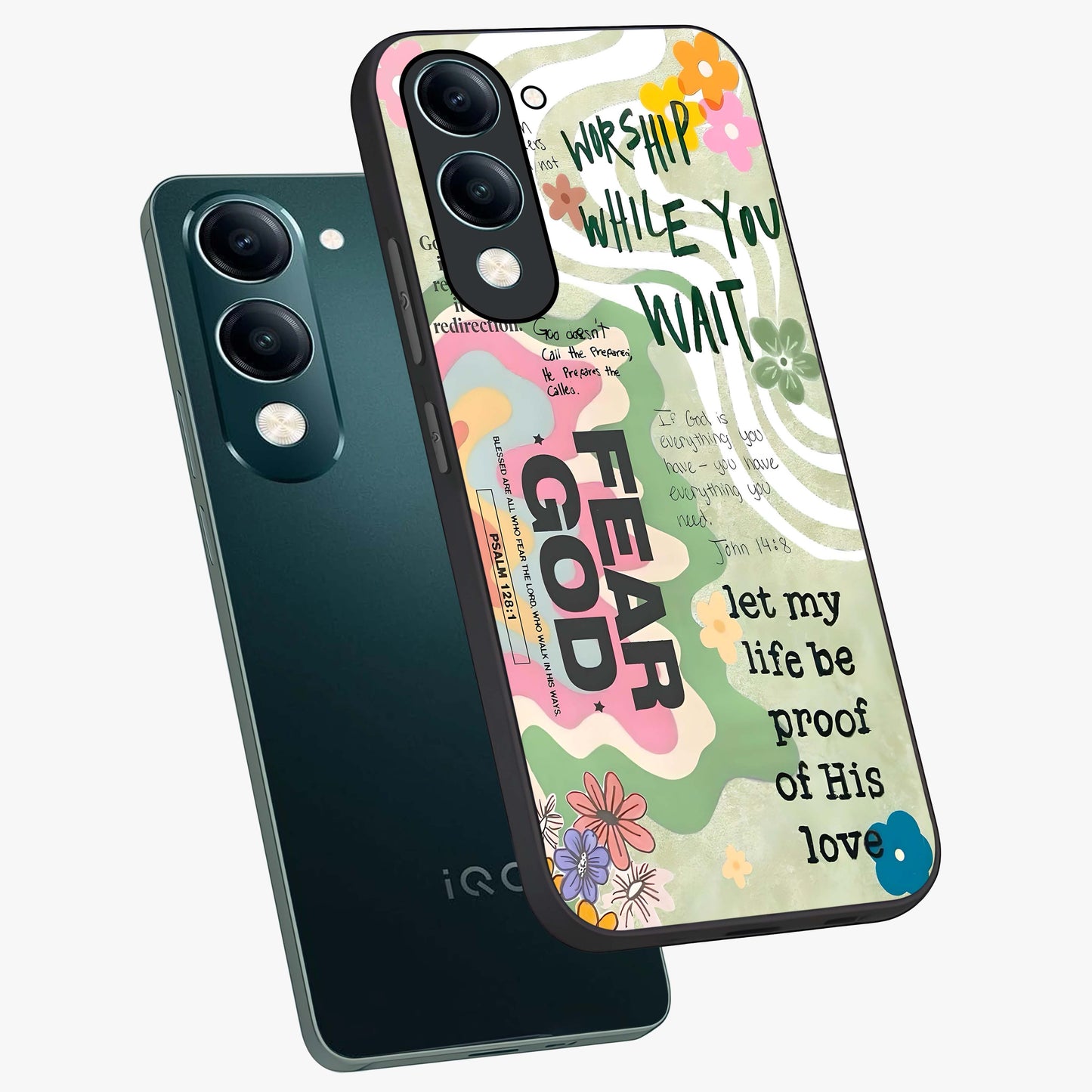 Faith Over Fear Glass Case displayed in angled mockup highlighting inspirational message design with modern aesthetic style.