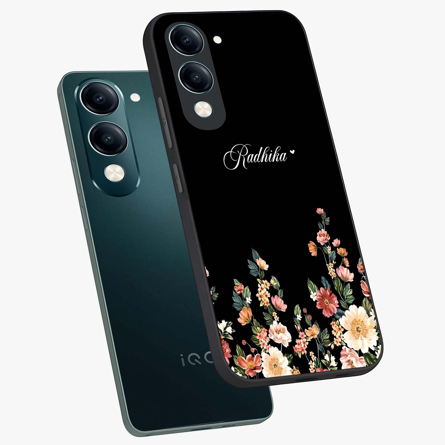 Floral Design With a Custom Personalized Name Glass Case displayed in angled mockup highlighting elegant floral pattern with custom name feature.
