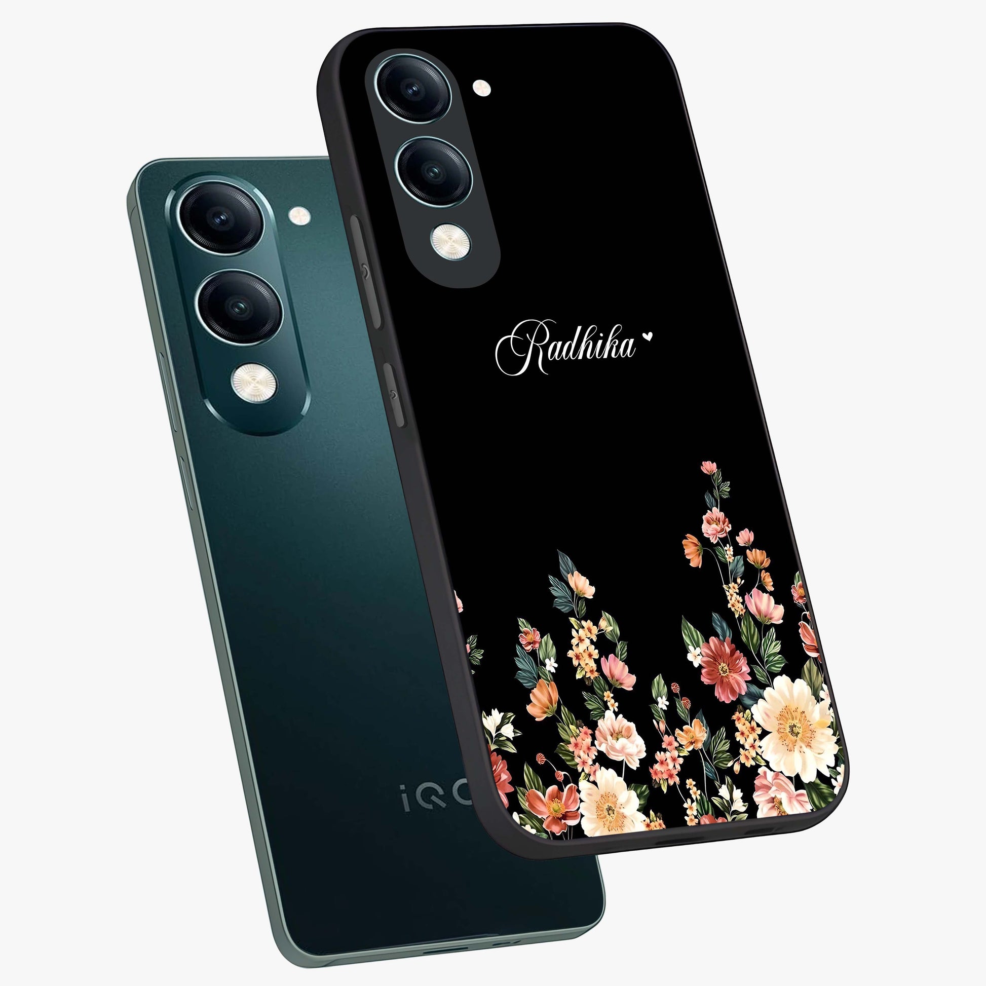 Floral Design With a Custom Personalized Name Glass Case displayed in angled mockup highlighting elegant floral pattern with custom name feature.