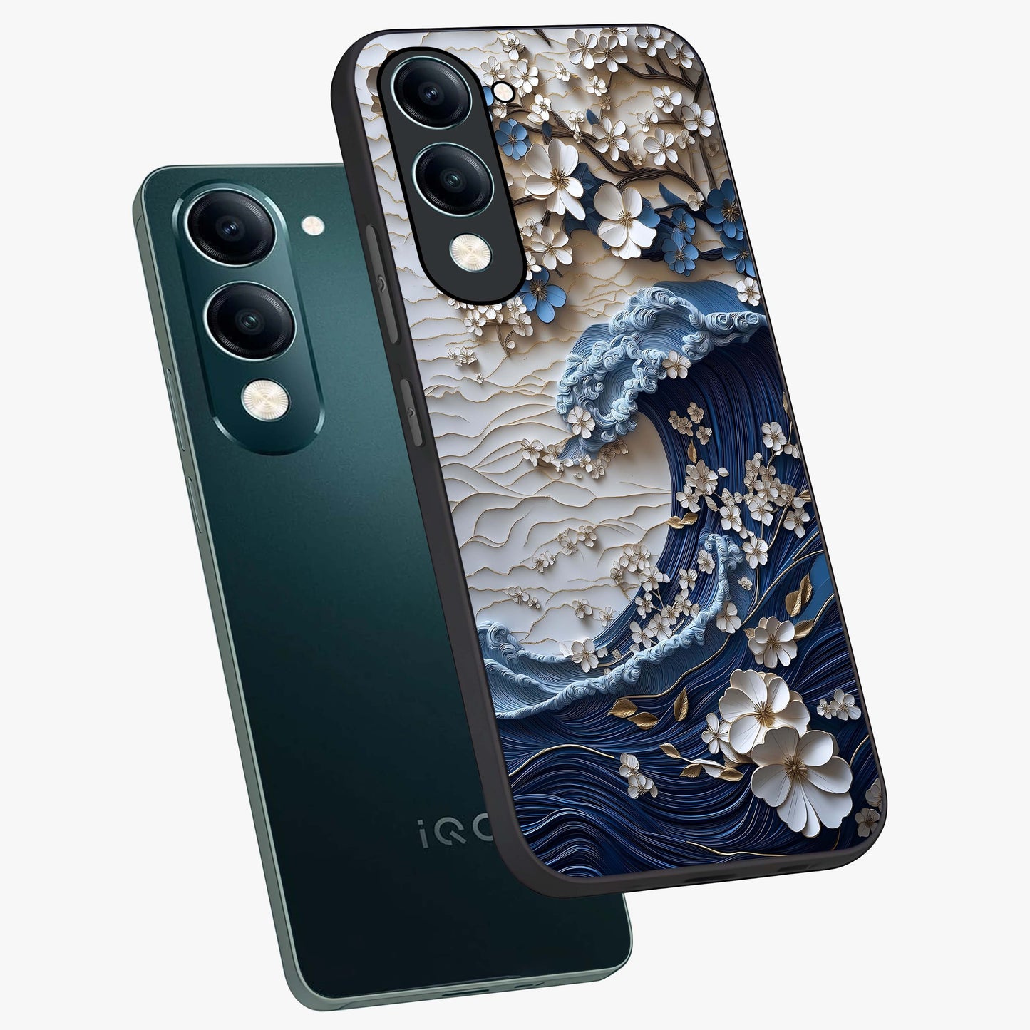 Floral Wave Origami Glass Case displayed in angled mockup highlighting geometric origami flower design with modern aesthetic style.