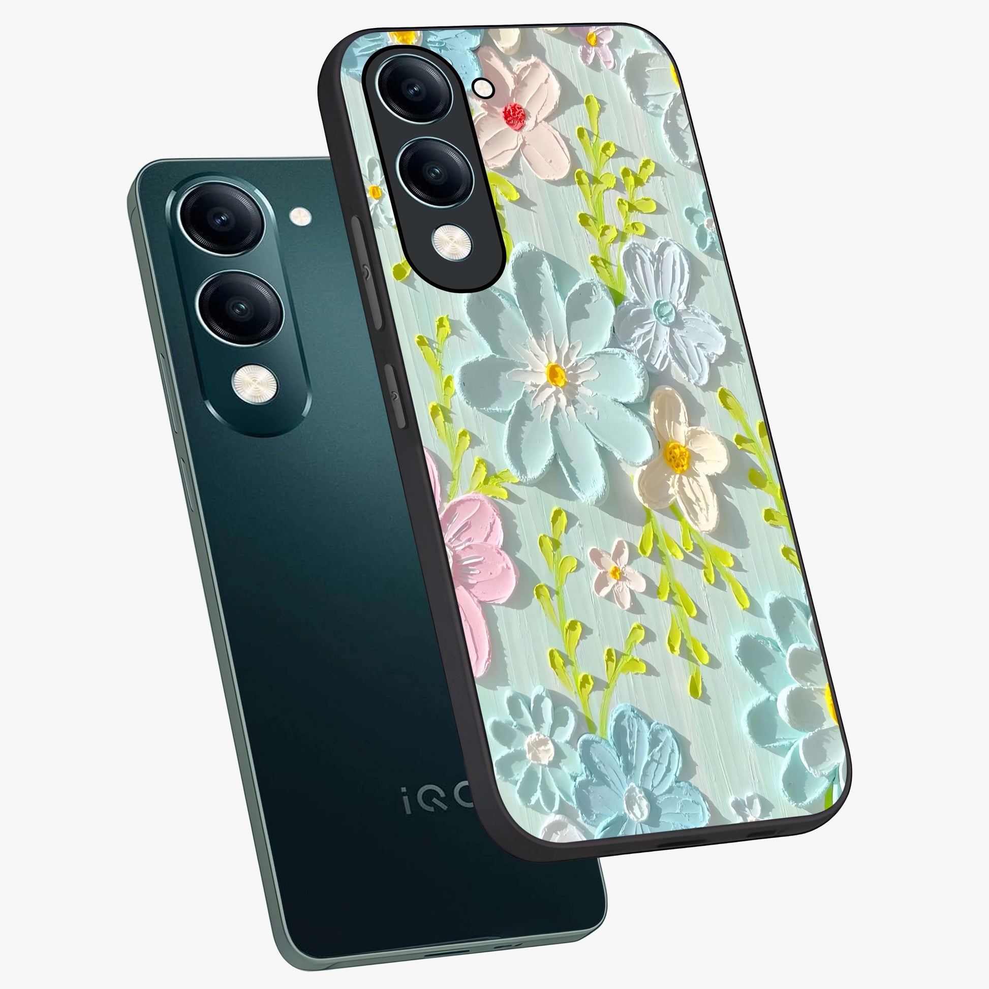 Frosted Petal Garden Glass Case displayed in angled mockup highlighting delicate flower petal design with calm garden aesthetic.
