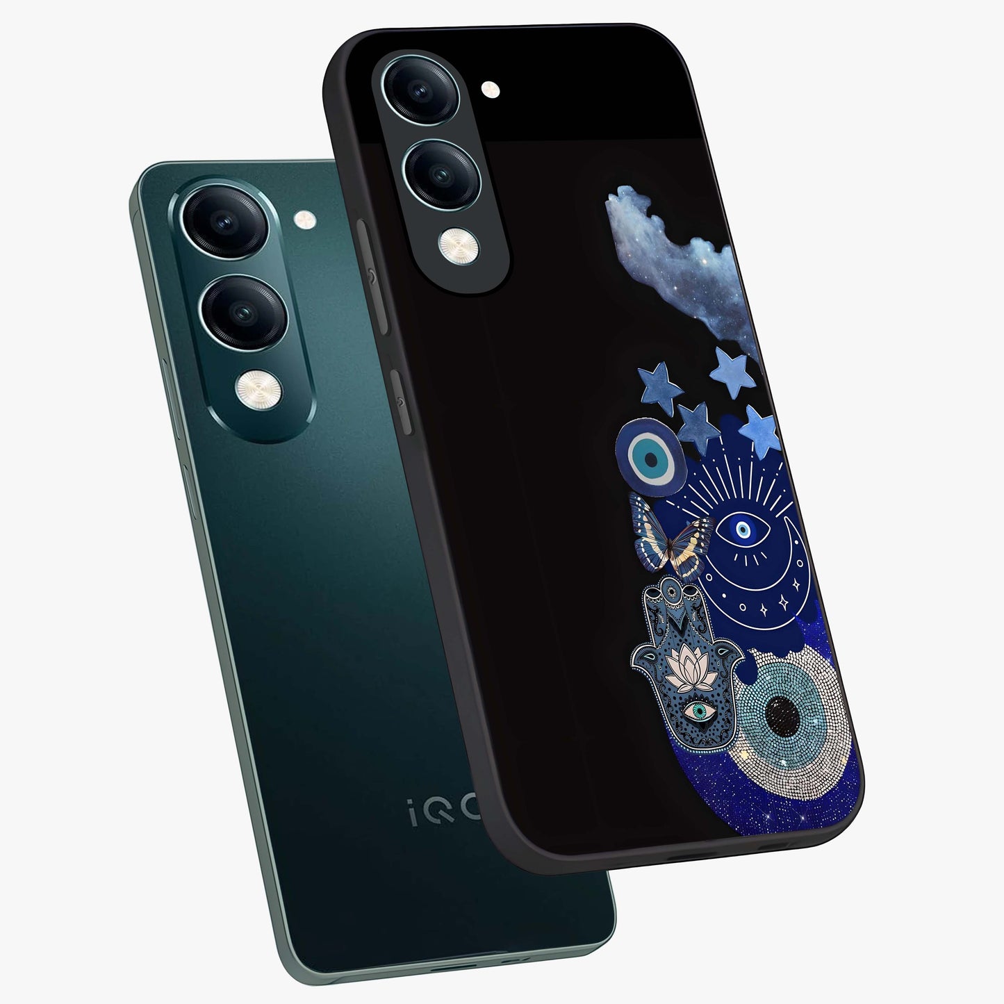 Galactic Charm Cluster Glass Case displayed in angled mockup highlighting luminous galaxy inspired design with dreamy aesthetic.