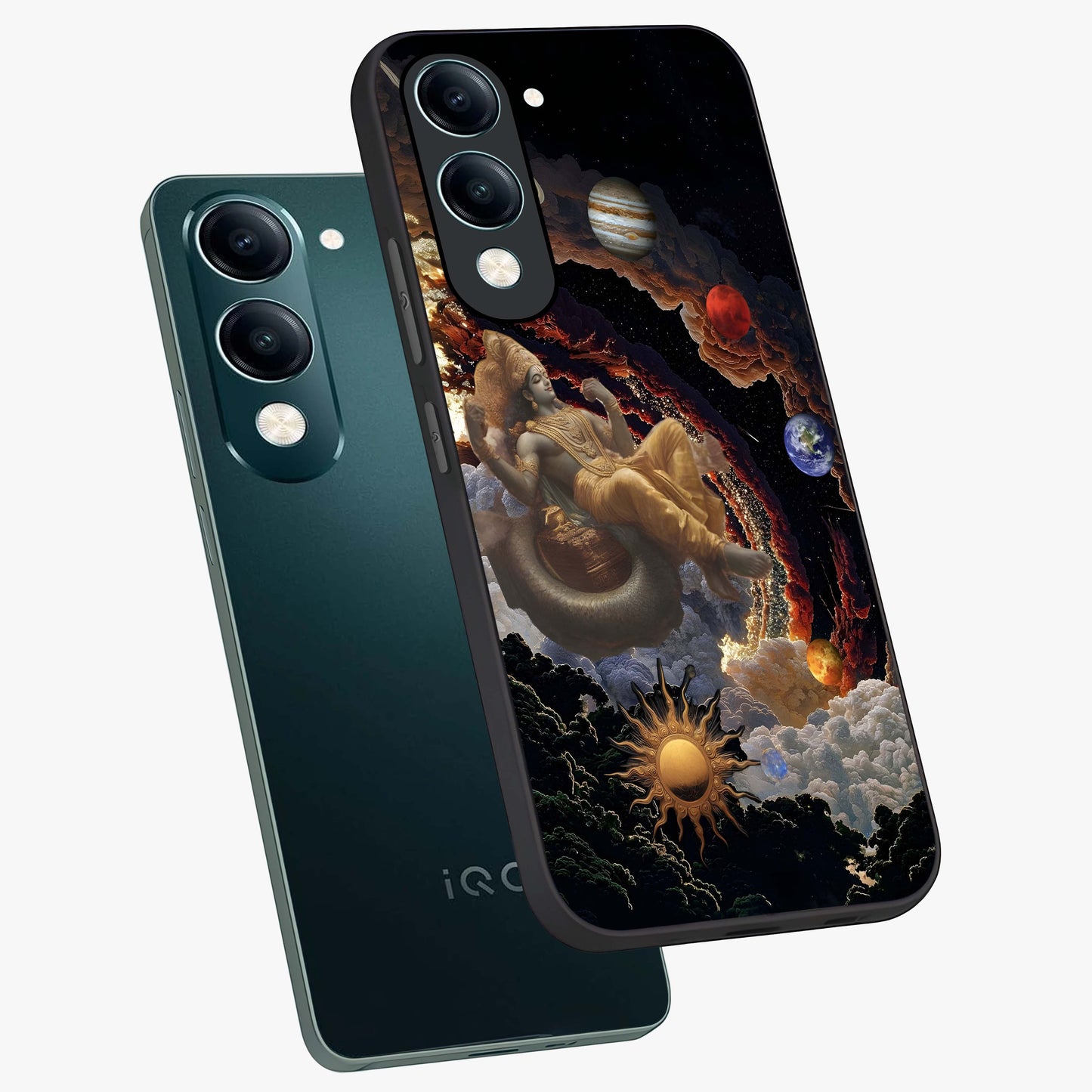 Galactic Divine God Glass Case displayed in angled mockup highlighting powerful celestial deity illustration with galactic aesthetic.