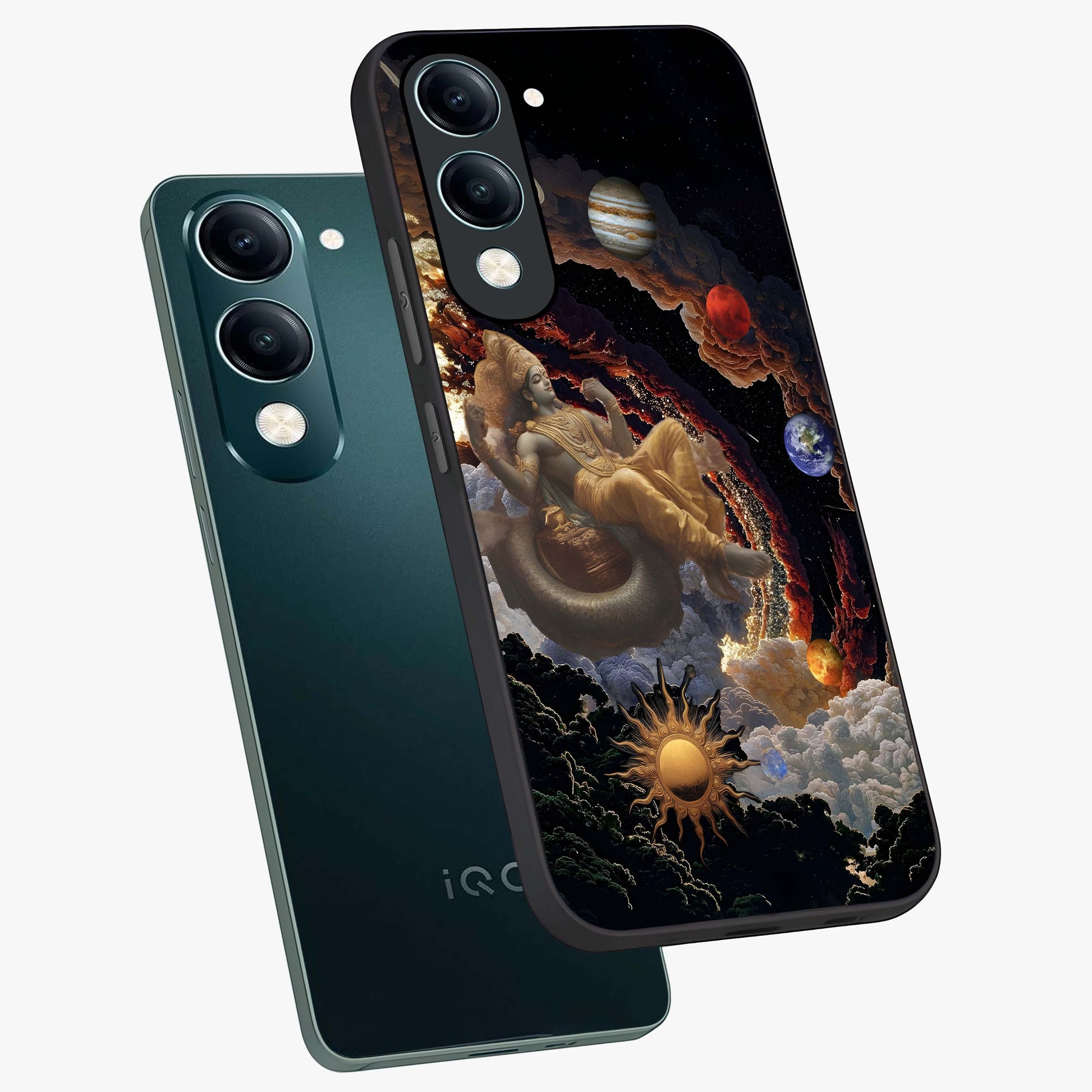 Galactic Divine God Glass Case displayed in angled mockup highlighting powerful celestial deity illustration with galactic aesthetic.