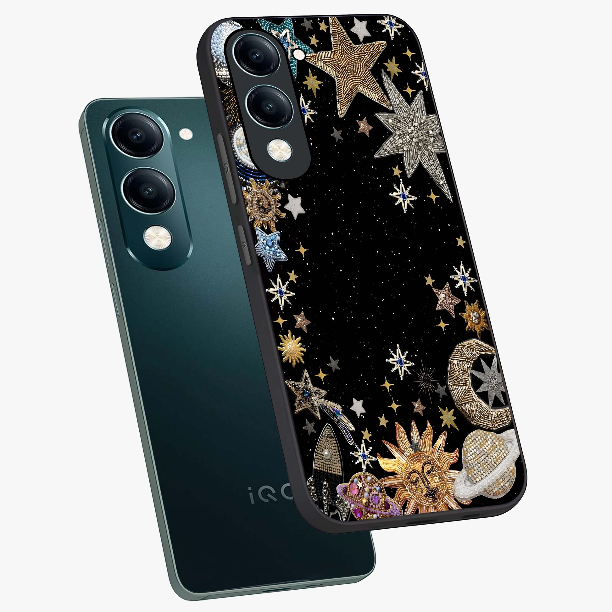 Galactic Jewel Stars Glass Case displayed in angled mockup highlighting shining celestial star design with cosmic aesthetic style.
