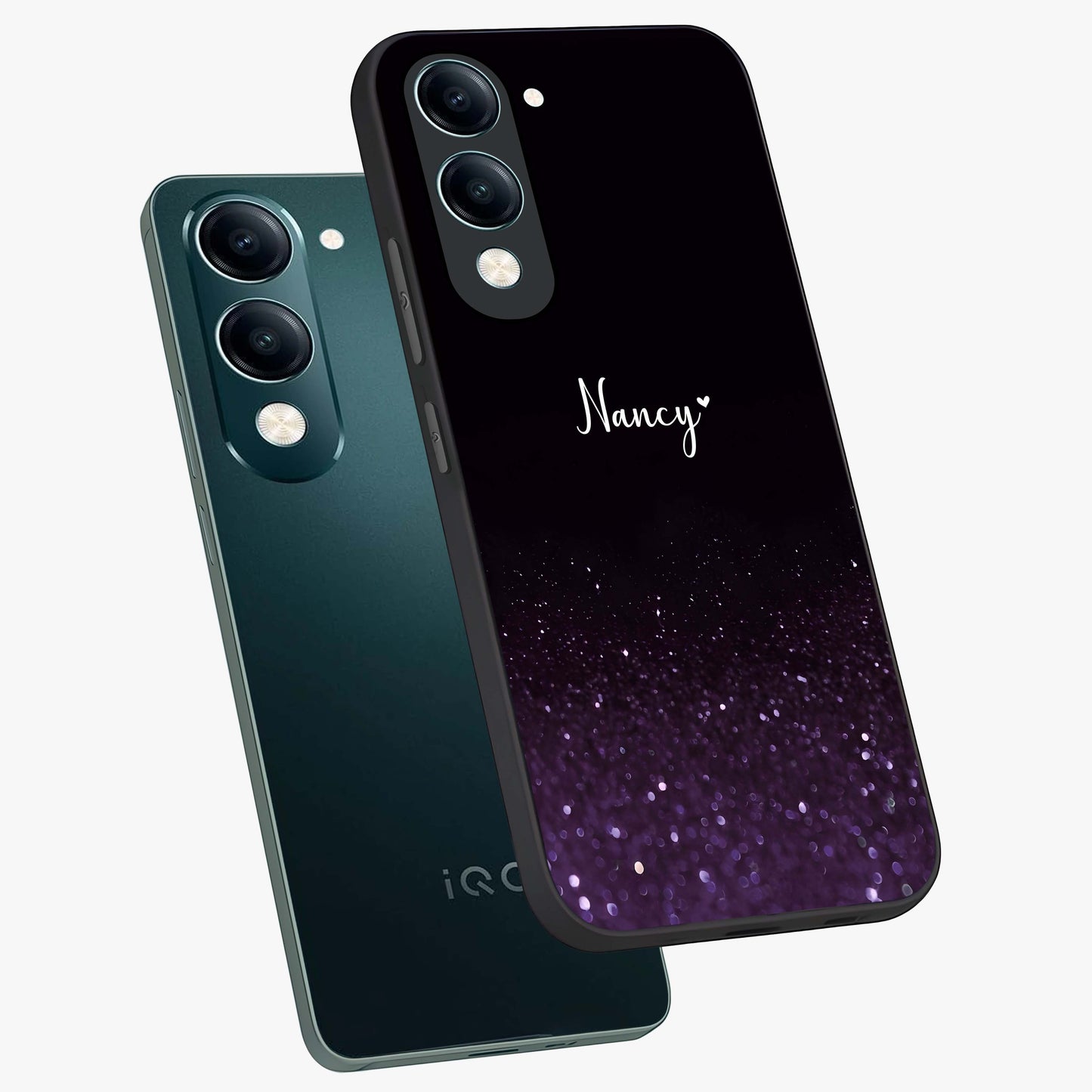 Glittery Purple Bokeh Custom Name Glass Case displayed in angled mockup highlighting glitter bokeh pattern with custom name feature.