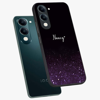 Glittery Purple Bokeh Custom Name Glass Case displayed in angled mockup highlighting glitter bokeh pattern with custom name feature.