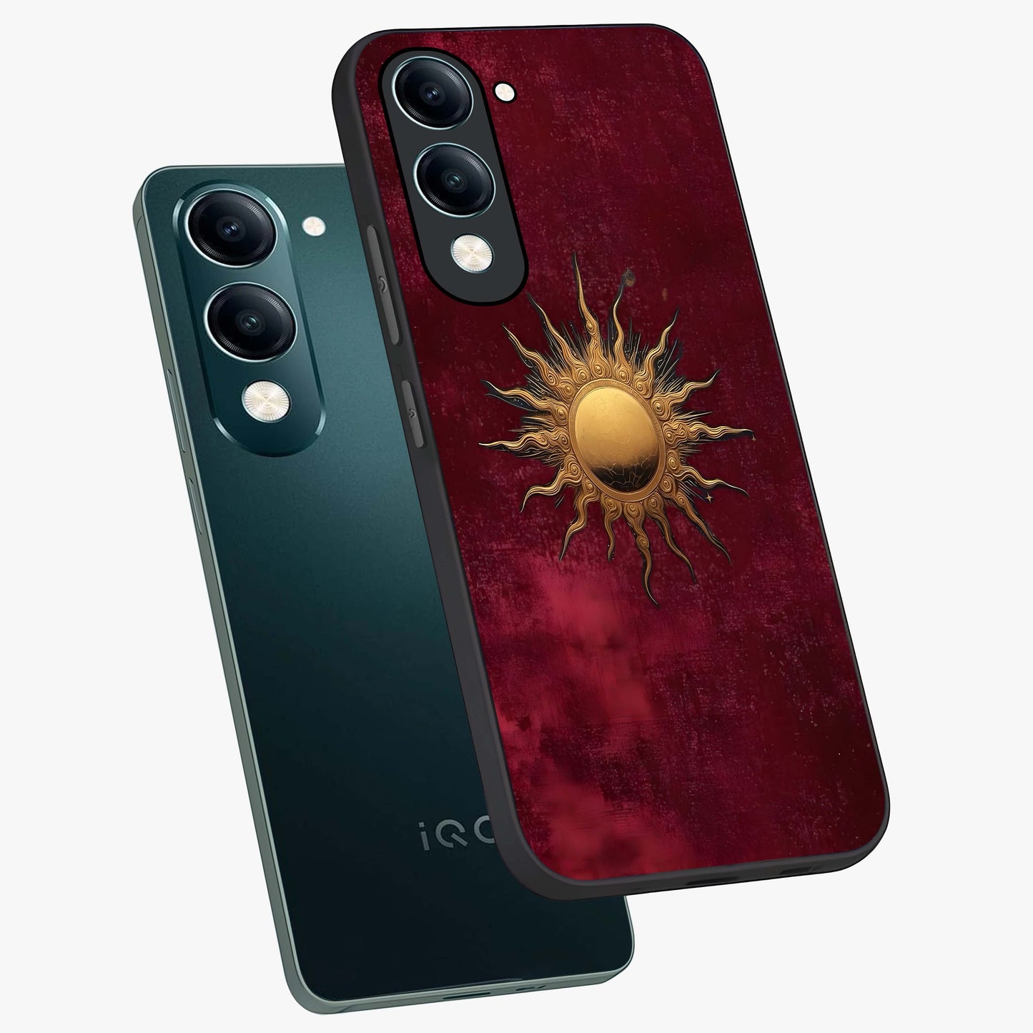 Golden Sun Minimalism Glass Case displayed in angled mockup highlighting clean sun symbol design with modern minimal aesthetic.