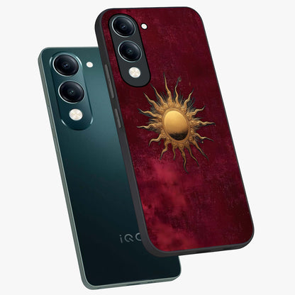 Golden Sun Minimalism Glass Case displayed in angled mockup highlighting clean sun symbol design with modern minimal aesthetic.