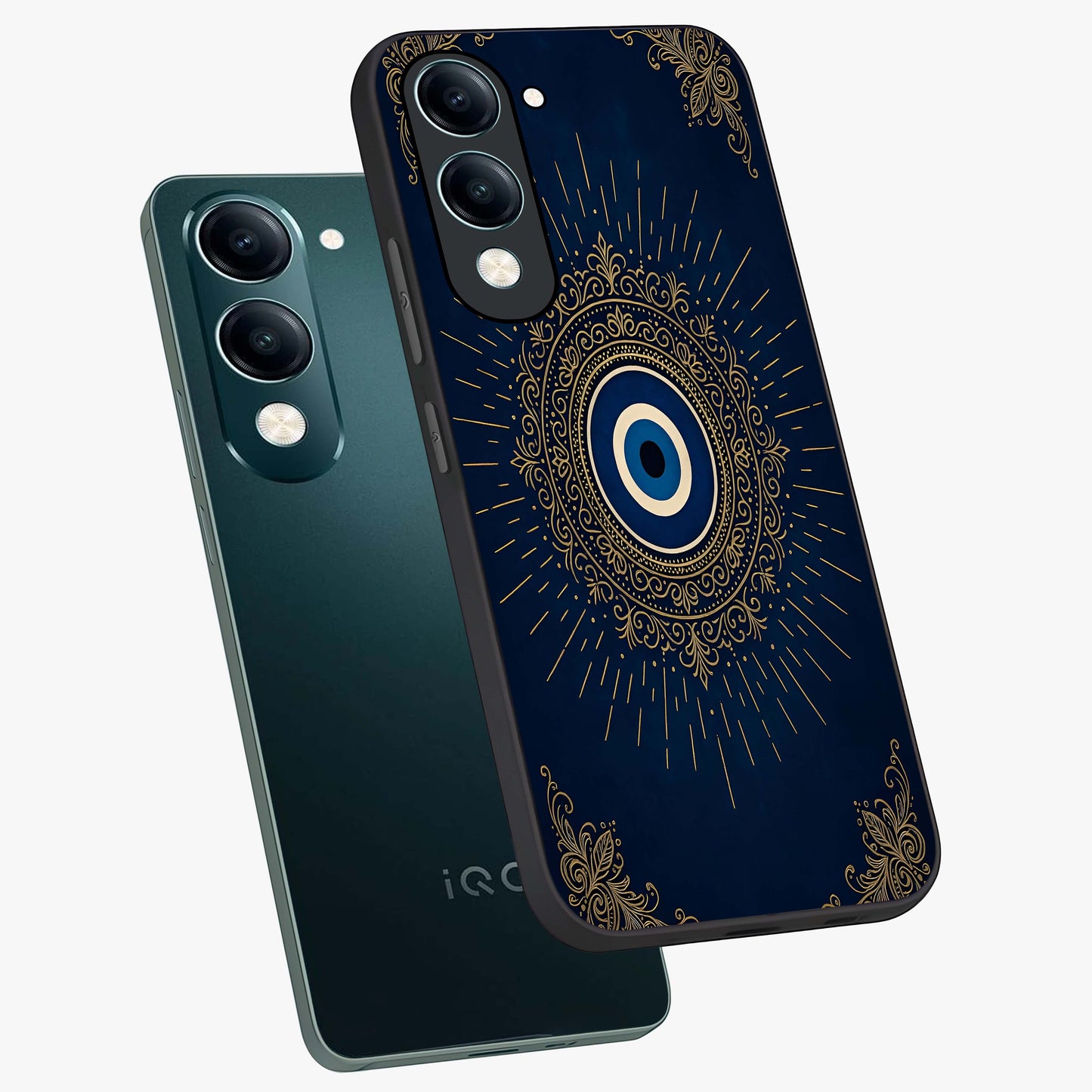 Golden Celestial Charm Glass Case displayed in angled mockup highlighting sparkling cosmic charm design with celestial aesthetic.
