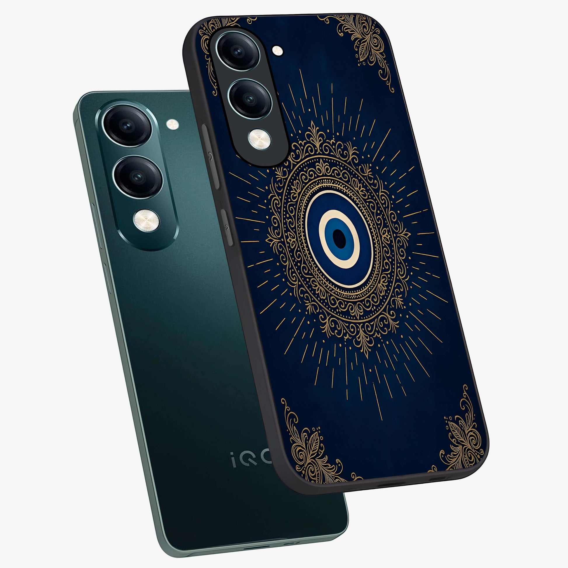 Golden Celestial Charm Glass Case displayed in angled mockup highlighting sparkling cosmic charm design with celestial aesthetic.