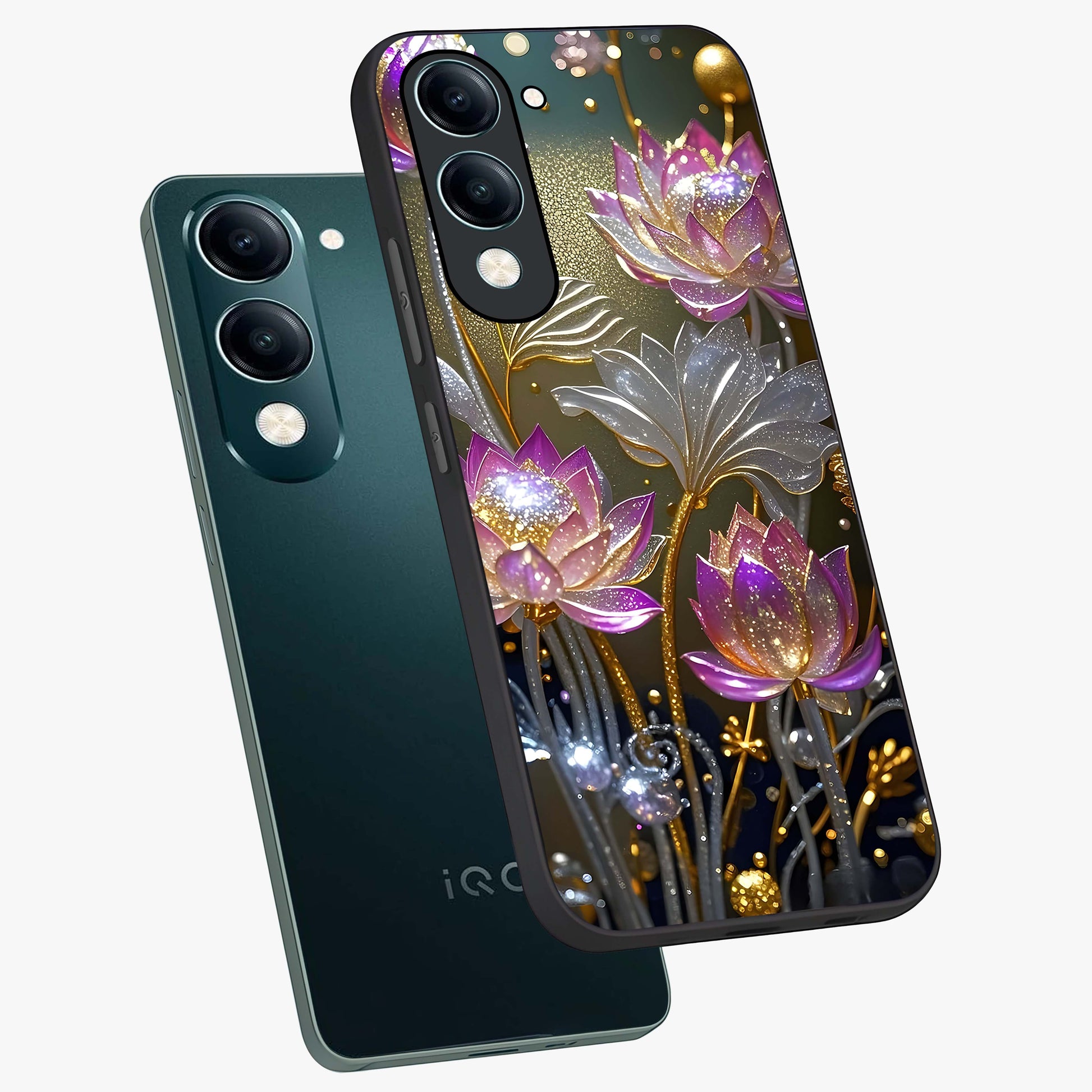 Golden Floral Majesty Glass Case displayed in angled mockup highlighting elegant flower design with royal golden aesthetic.