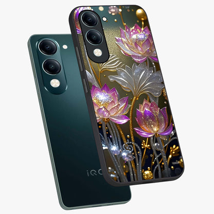 Golden Floral Majesty Glass Case displayed in angled mockup highlighting elegant flower design with royal golden aesthetic.