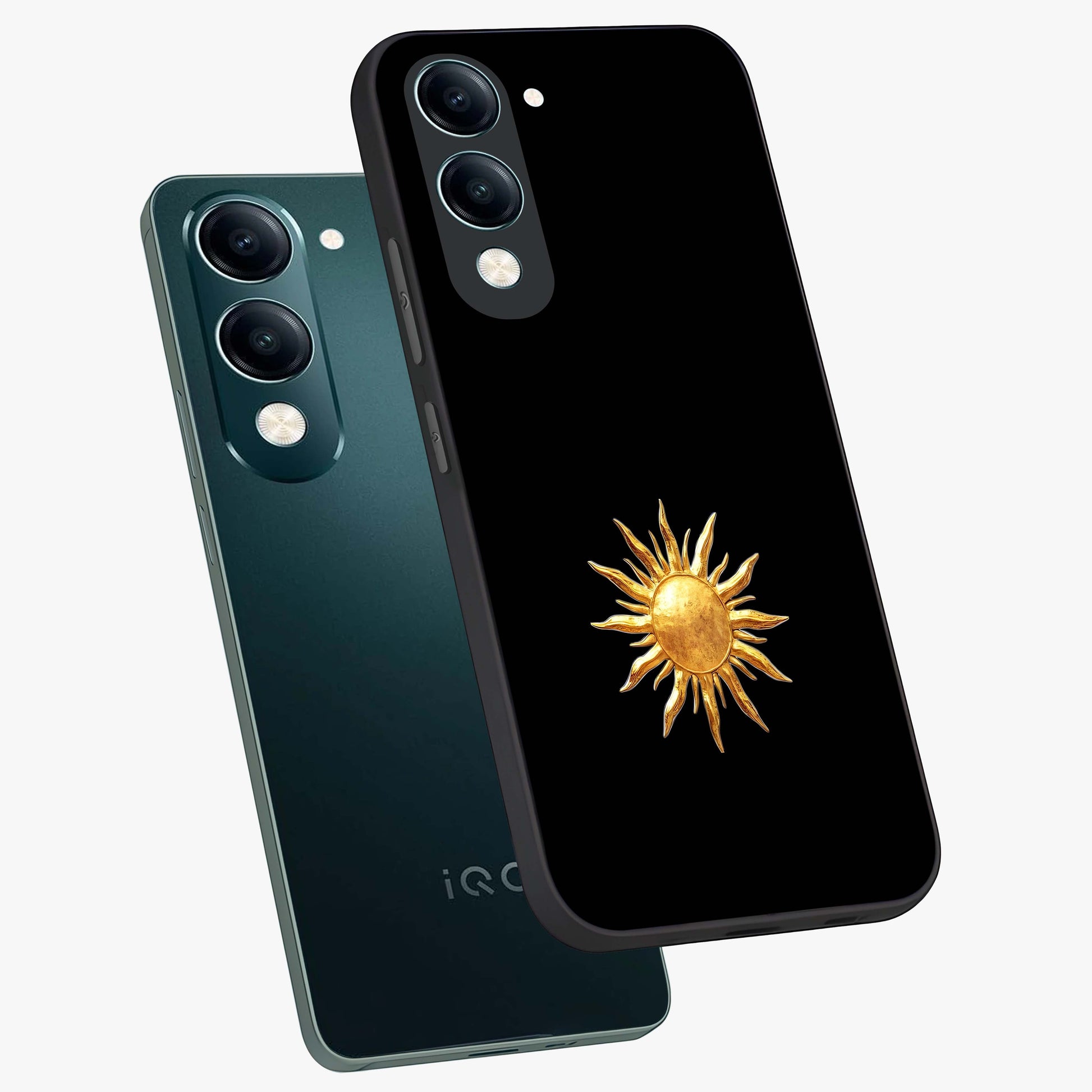 Golden Sun Minimalism Glass Case displayed in angled mockup highlighting eerie shadow illustration with gothic aesthetic.