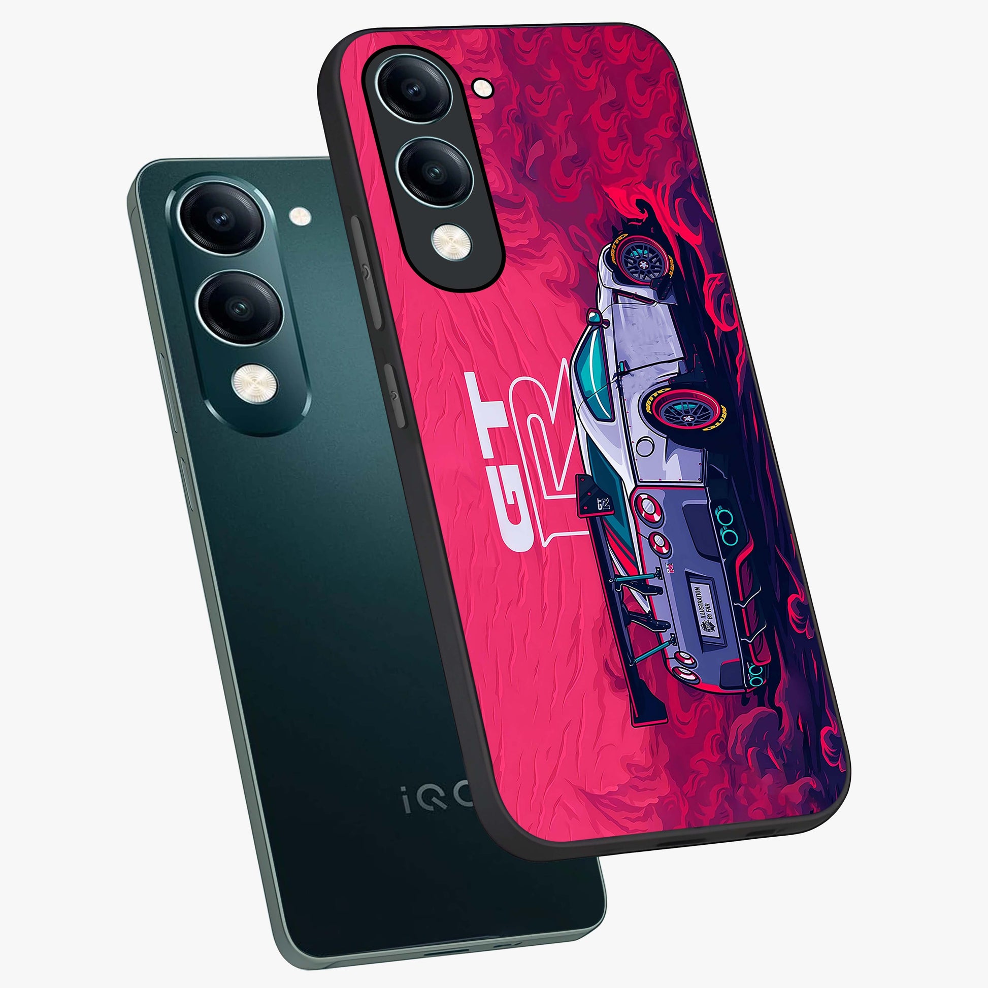 GT-R Car Pattern Glass Case displayed in angled mockup highlighting racing car graphic design with bold automotive aesthetic.