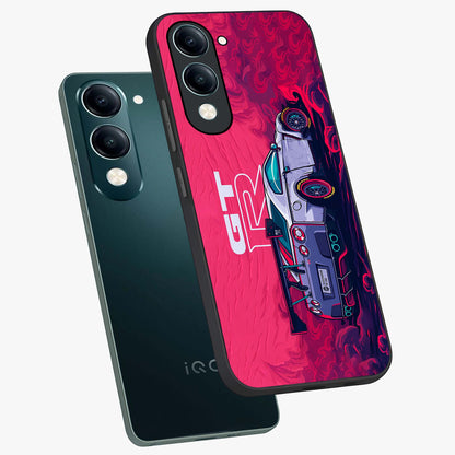 GT-R Car Pattern Glass Case displayed in angled mockup highlighting racing car graphic design with bold automotive aesthetic.
