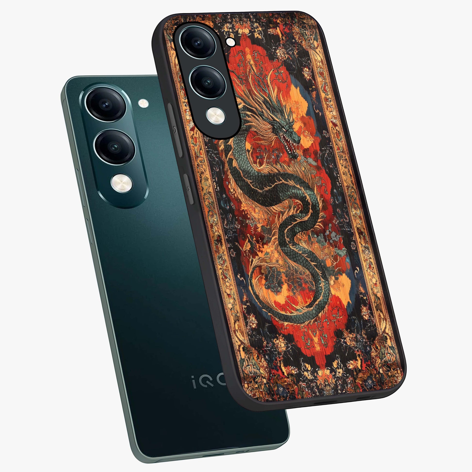Inferno Dragon Soul Glass Case displayed in angled mockup highlighting powerful dragon illustration with inferno aesthetic.