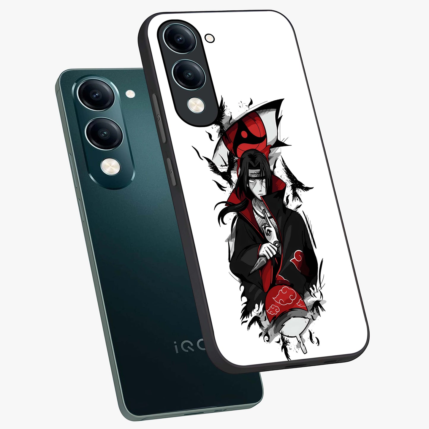 Itachi Limited Edition Naruto Anime Glass Case displayed in angled mockup highlighting dramatic anime illustration with bold action aesthetic.