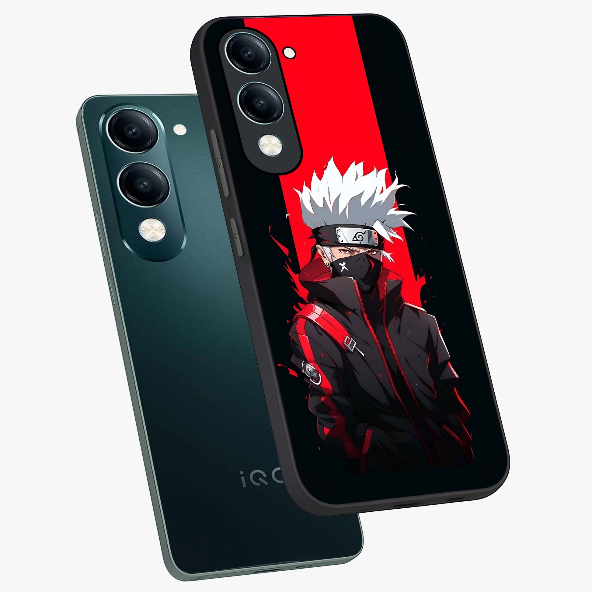 Kakashi Scarlet Shadow Glass Case displayed in angled mockup highlighting dramatic ninja illustration with scarlet themed aesthetic.