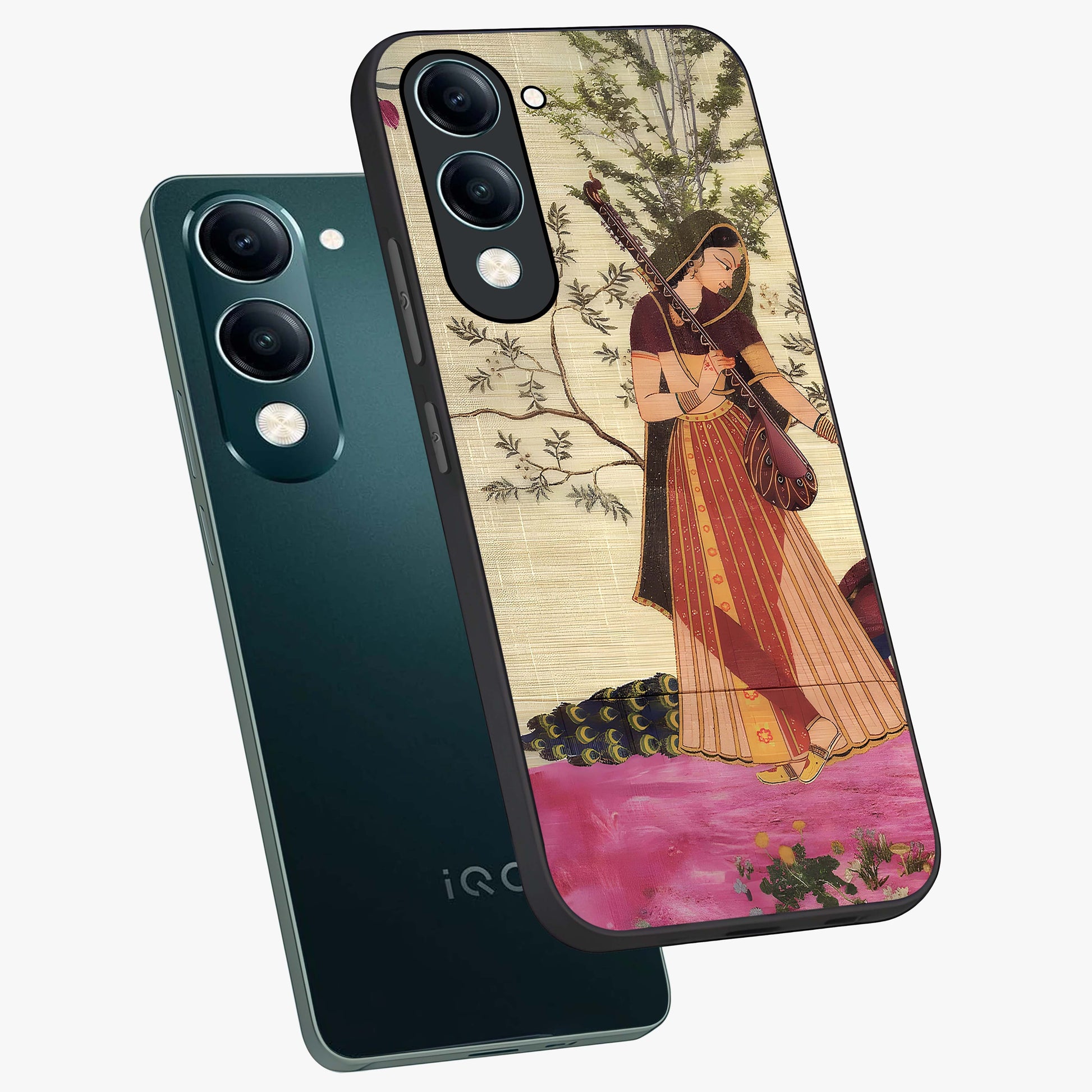 Lady With Veena Art Glass Case displayed in angled mockup highlighting graceful musical illustration with cultural artistic aesthetic.