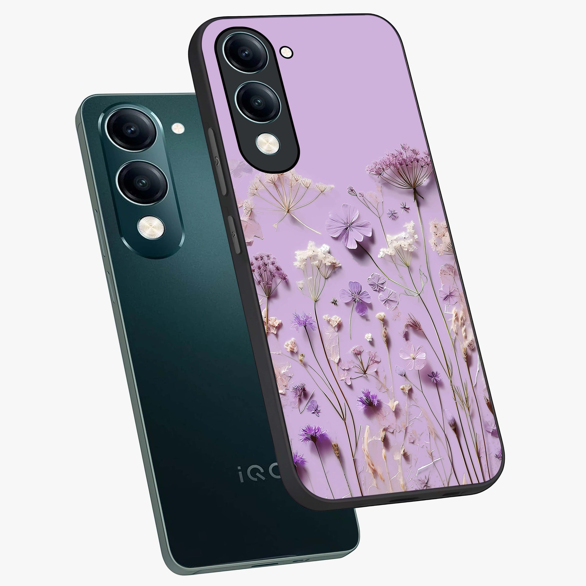 Lavender Blossom Dream Glass Case displayed in angled mockup highlighting dreamy lavender flower design with calming aesthetic style.