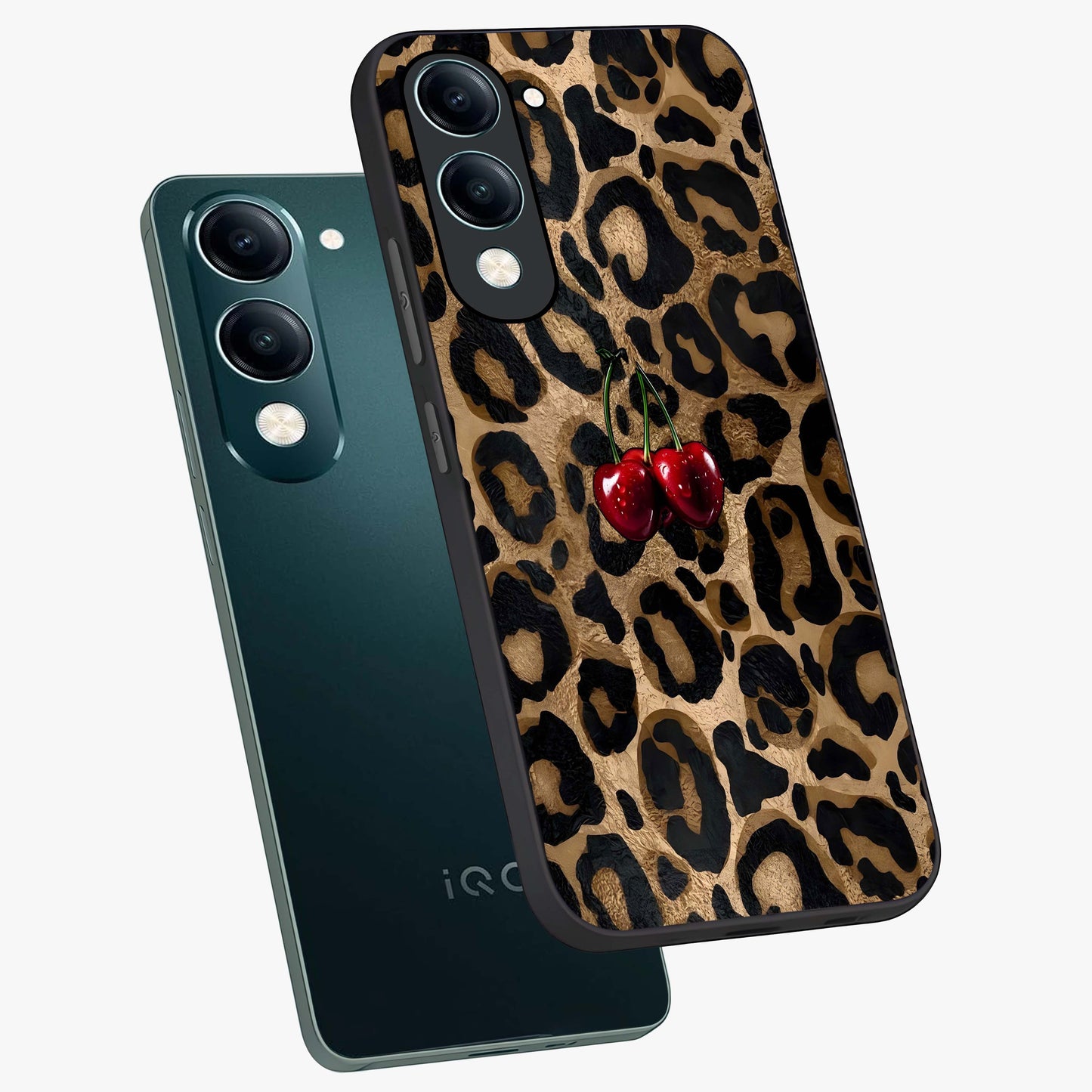 Leopard Wild Cherry Glass Case displayed in angled mockup highlighting bold animal print design with playful cherry aesthetic.