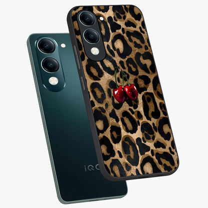Leopard Wild Cherry Glass Case displayed in angled mockup highlighting bold animal print design with playful cherry aesthetic.